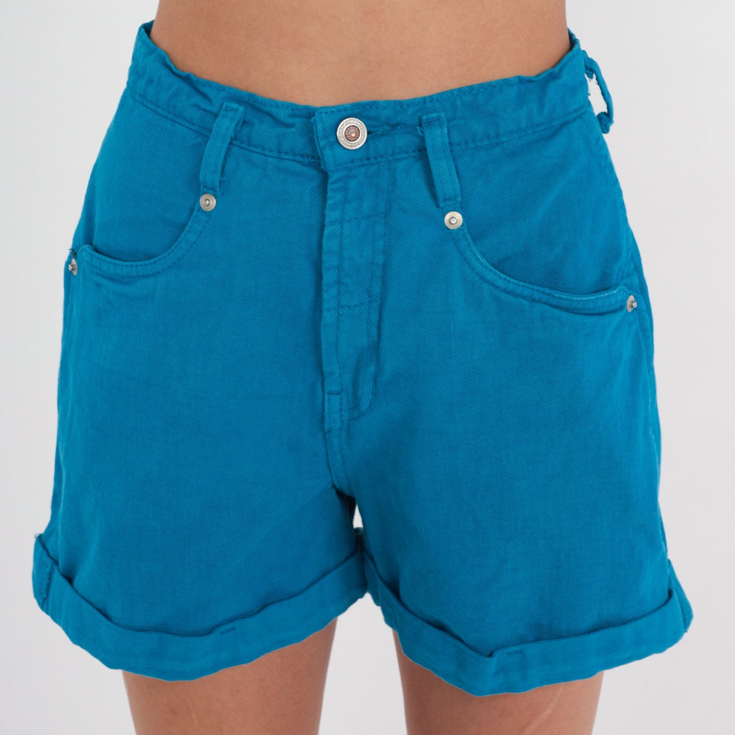 80s Bright Blue Denim Shorts High Waisted Cuffed Jean Shorts Small
