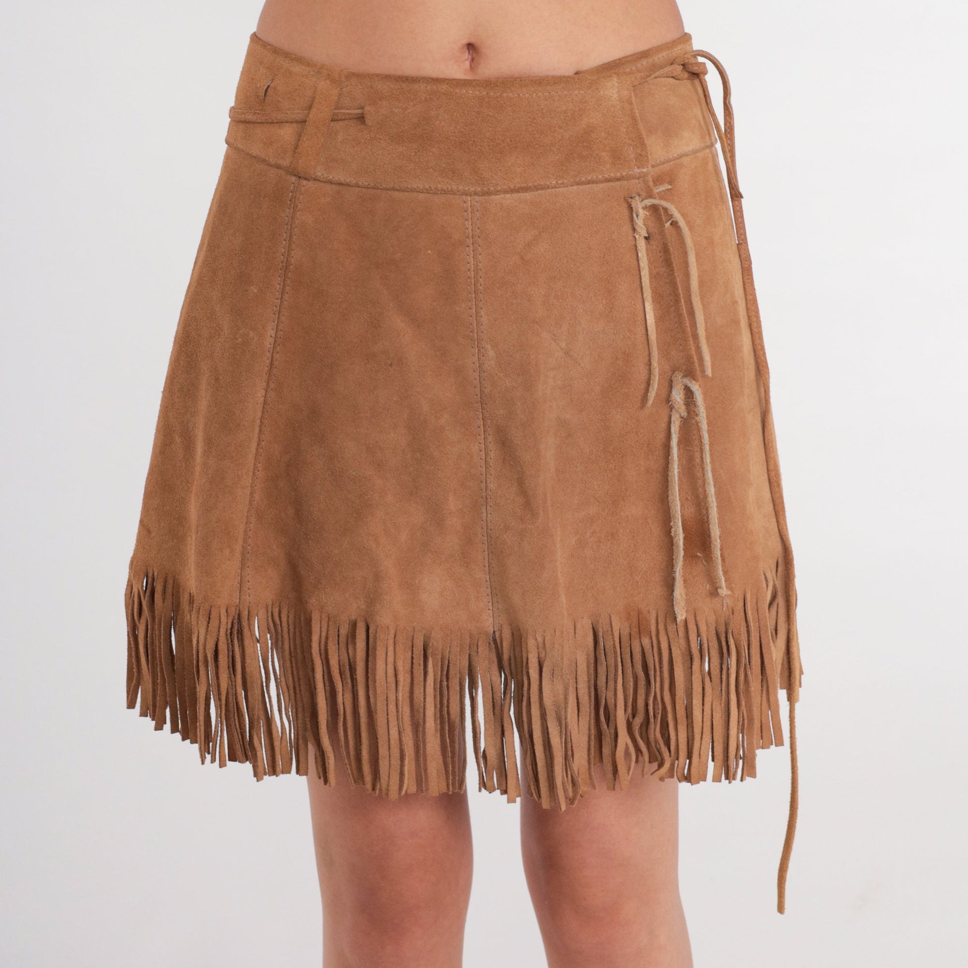 80s Brown Suede Fringe Mini Skirt Wrap High Waist Extra Small