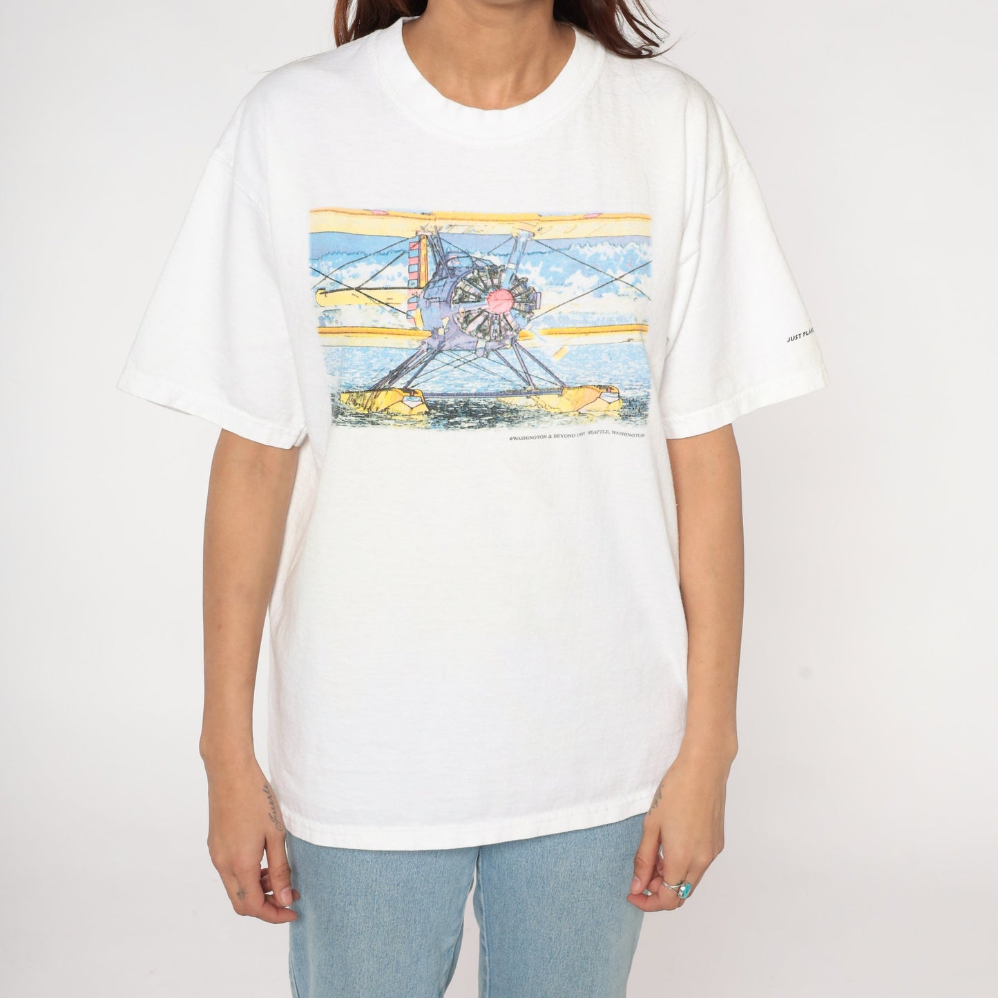 1990s Seaplane Graphic T-Shirt Washington and Beyond Aviation Tee White Large