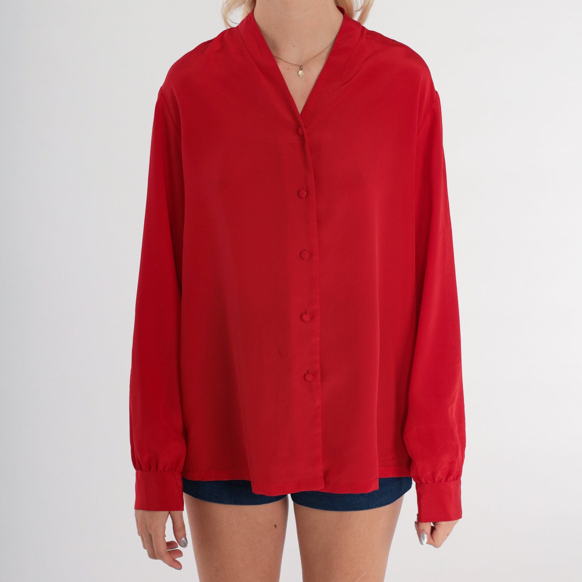 80s Pendleton Red Button-Up Blouse V-Neck Long Sleeve Medium