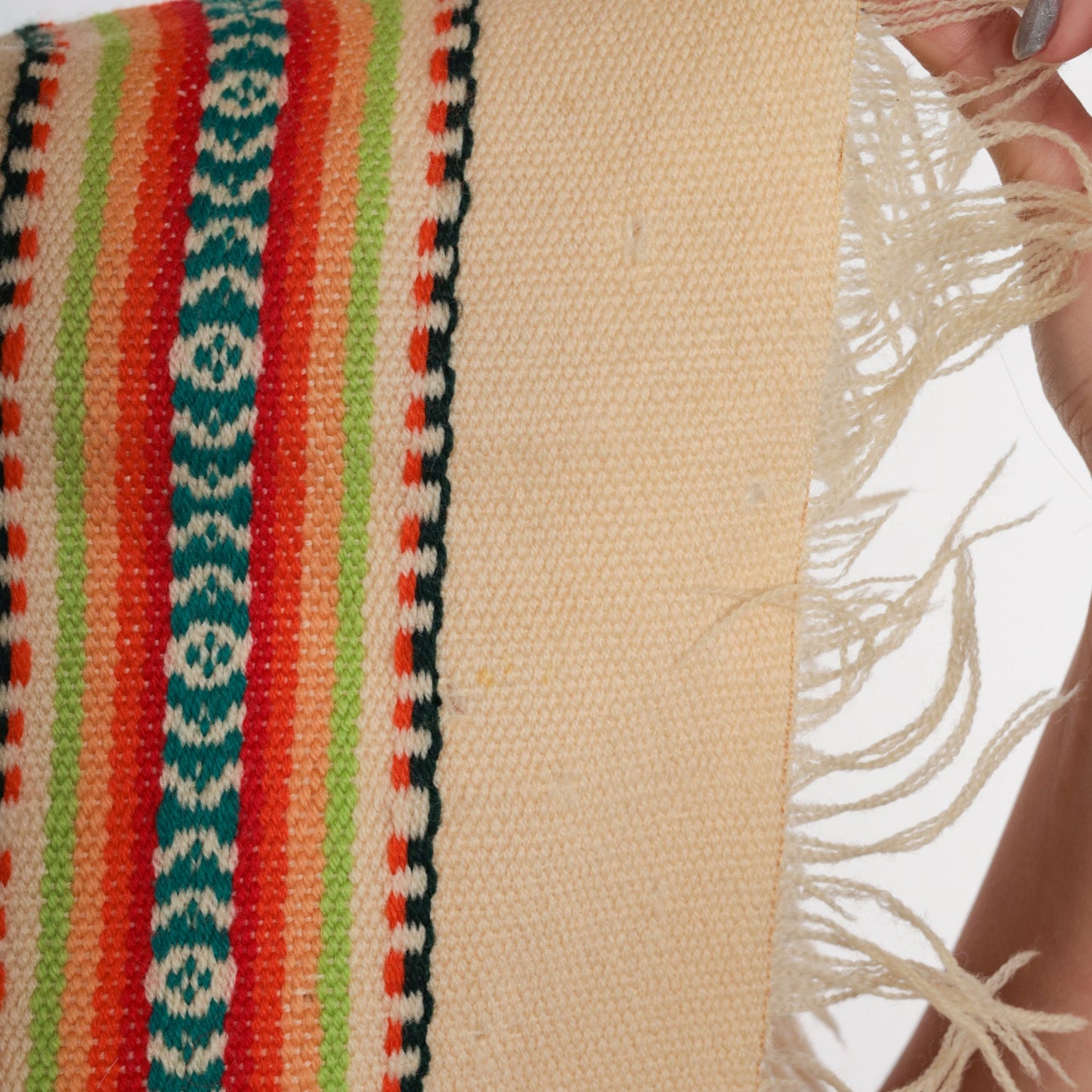 70s Cream Wool Poncho Southwestern Print Fringe Cape Small