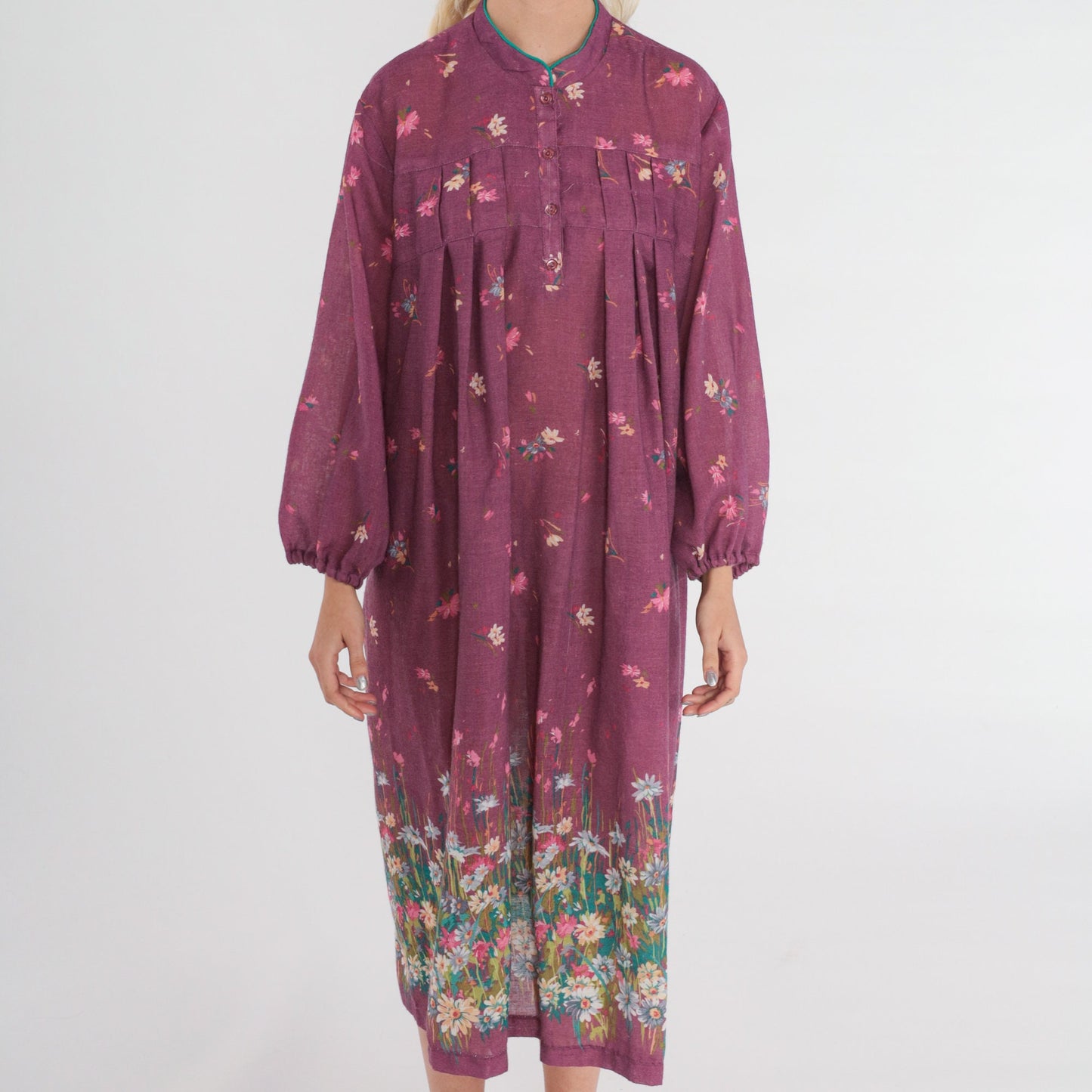 70s Wildflower Purple Floral Midi Dress Button-Up Long Sleeve Large