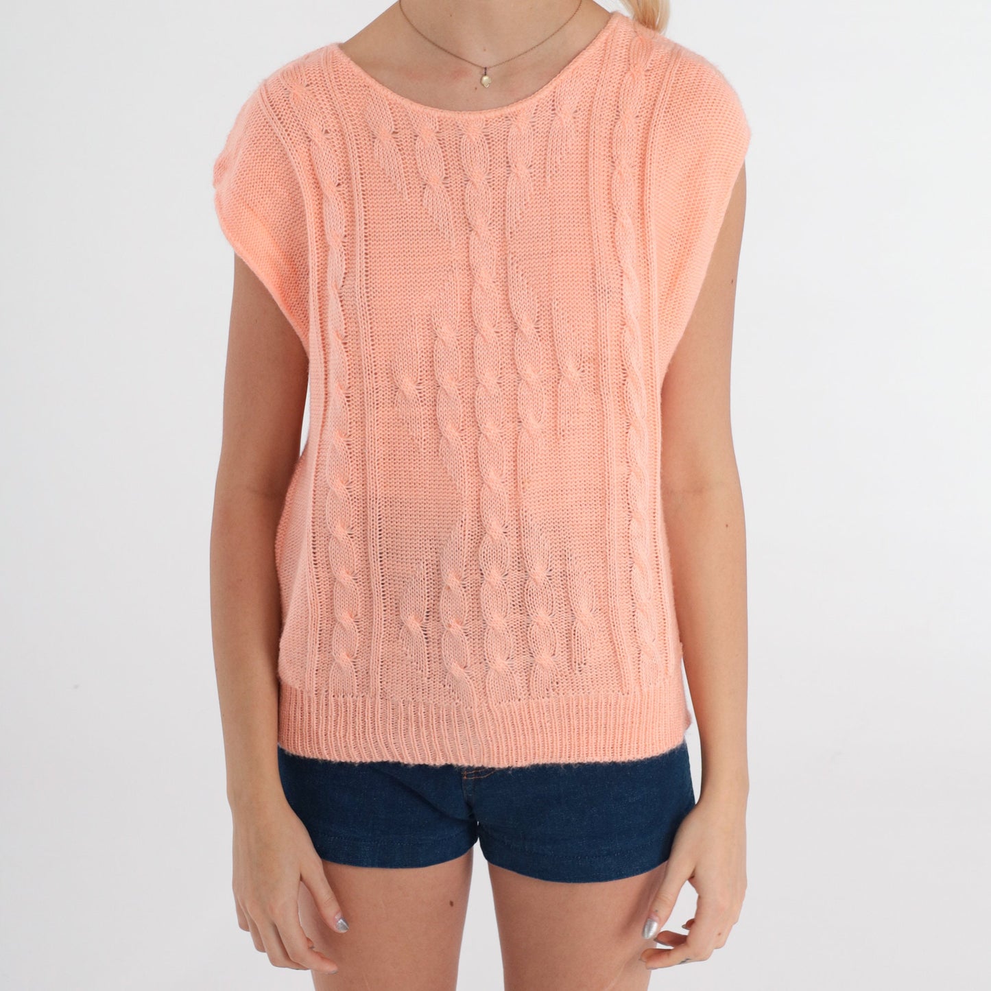 80s Peach Cable Knit Sweater Cap Sleeve Top Small