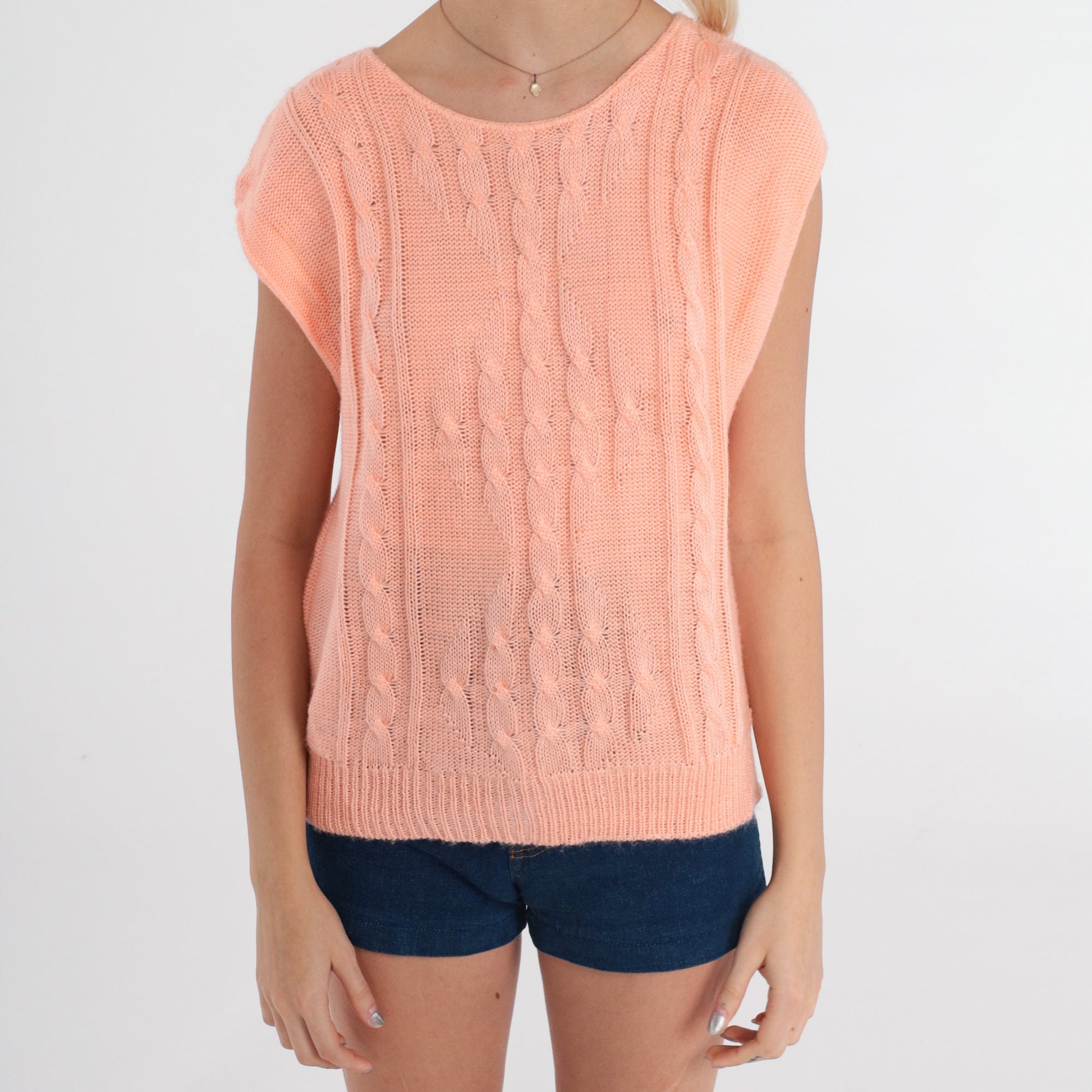 80s Peach Cable Knit Sweater Cap Sleeve Top Small