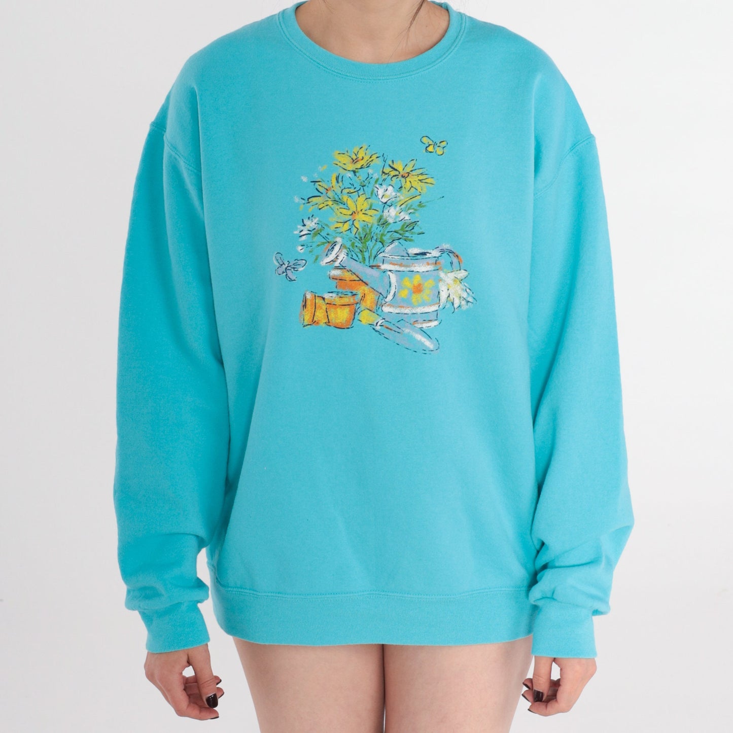 90s Blue Floral Garden Sweatshirt Butterfly Graphic Crewneck Medium M