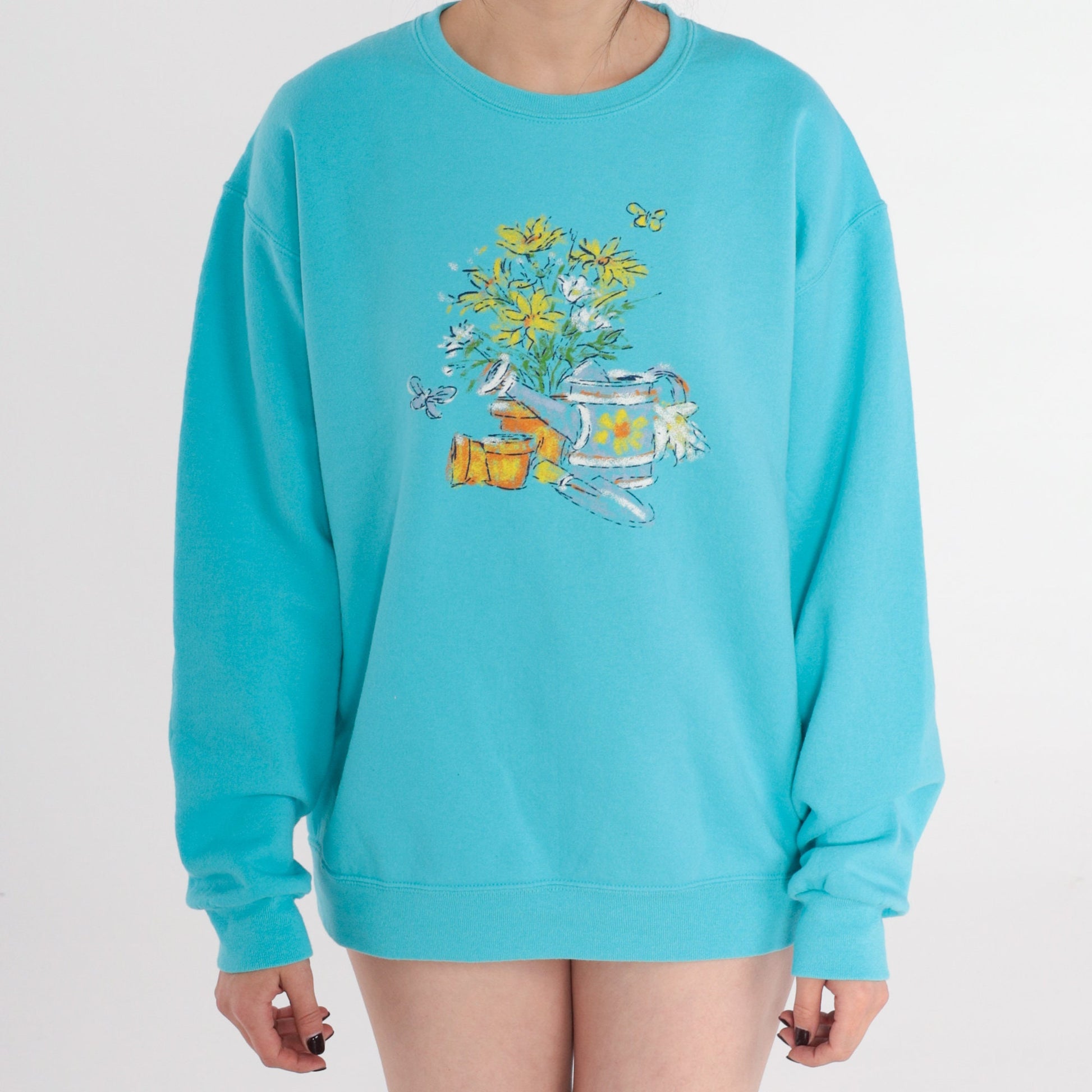 90s Blue Floral Garden Sweatshirt Butterfly Graphic Crewneck Medium M