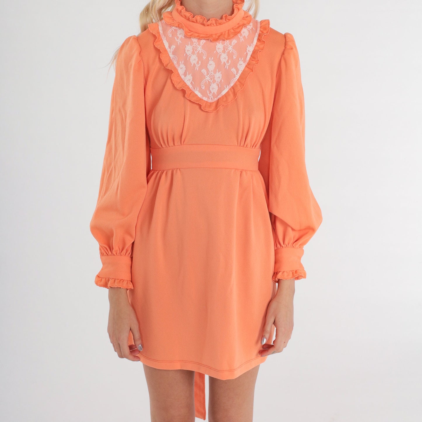 70s Orange Mini Dress White Lace Bib Empire Waist Puff Sleeve Small