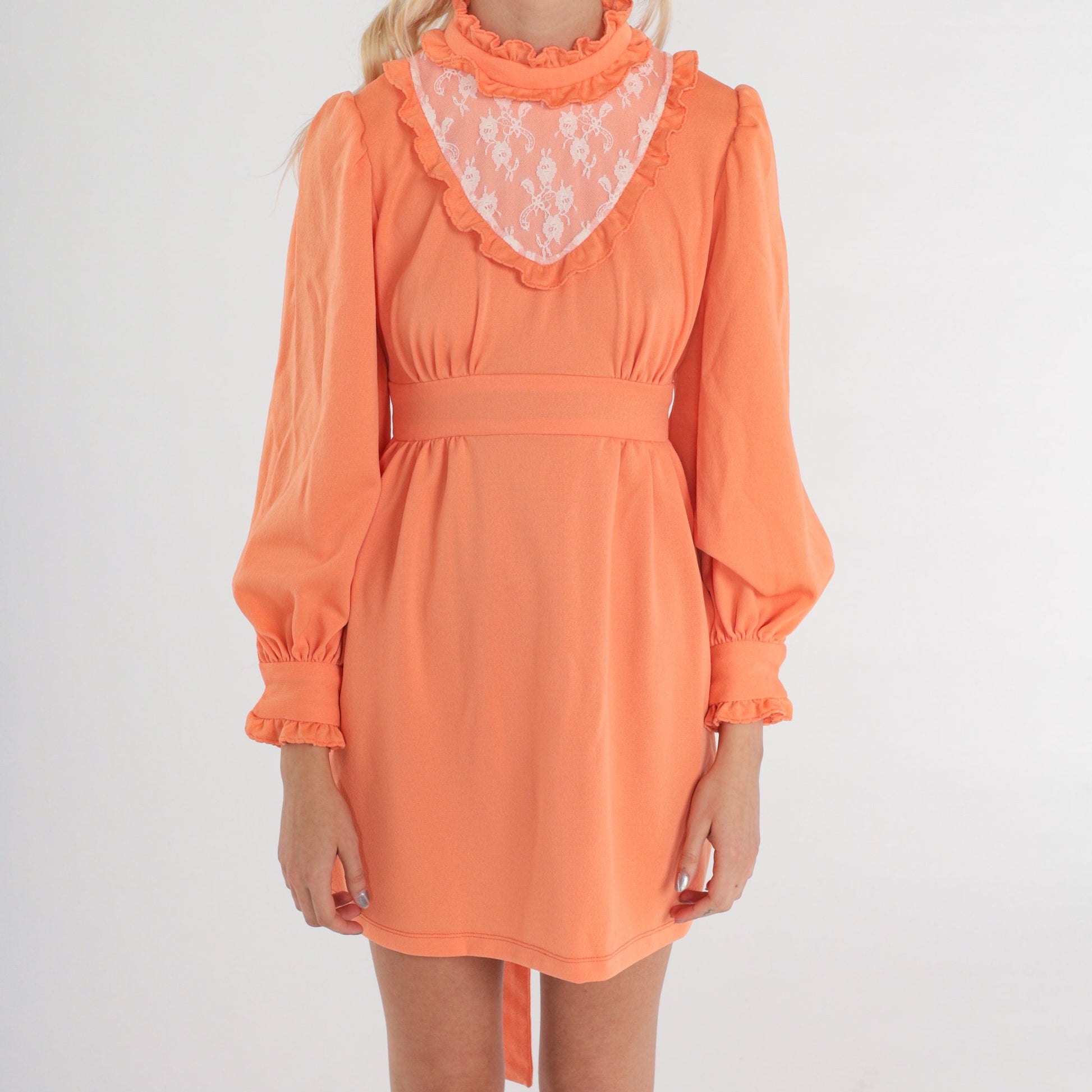 70s Orange Mini Dress White Lace Bib Empire Waist Puff Sleeve Small