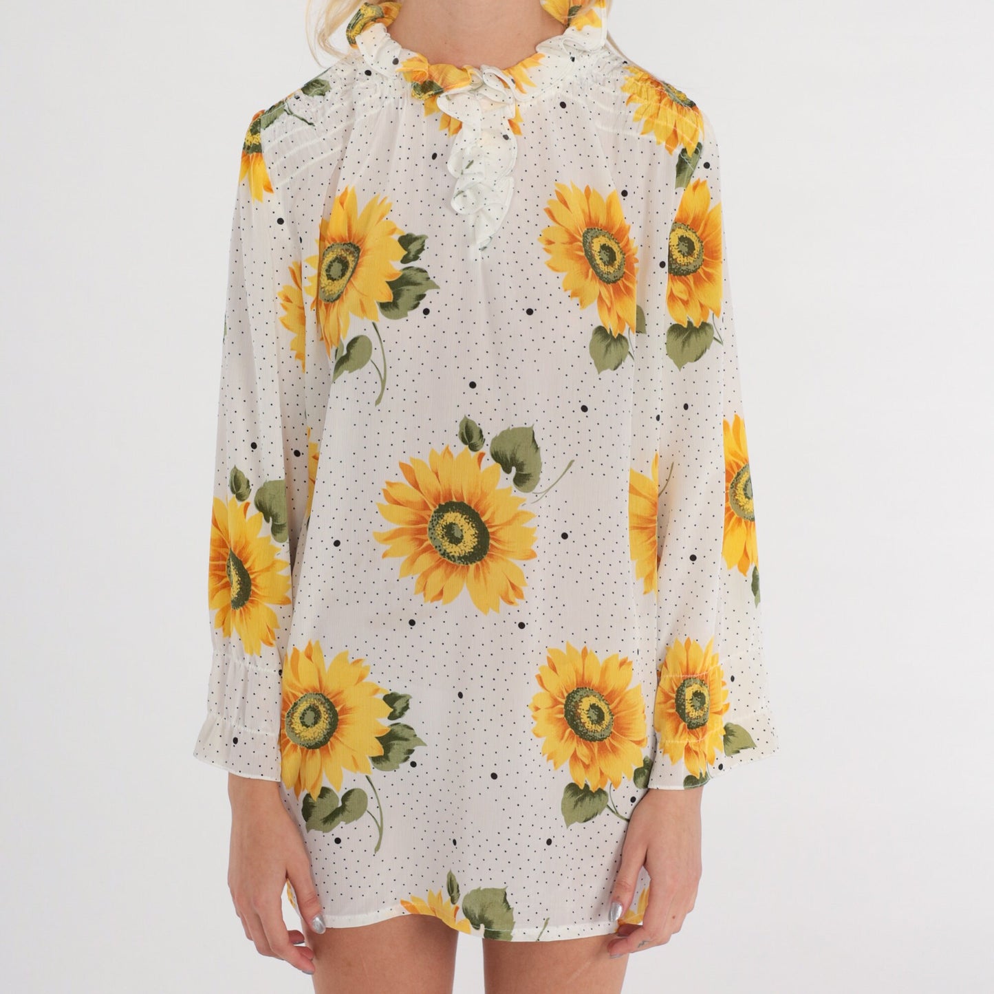 70s Sunflower Print Shift Dress White Long Sleeve Micro Mini Small