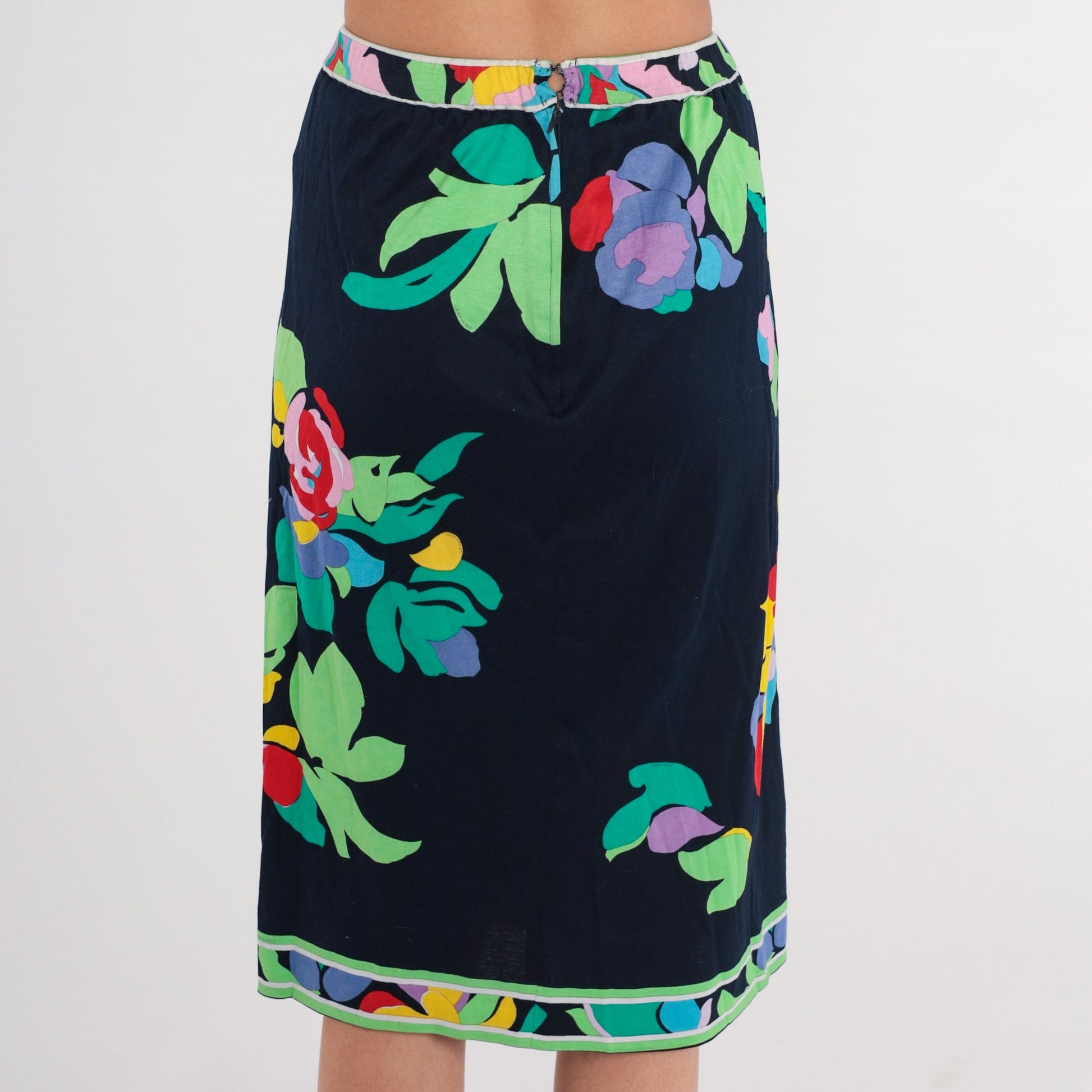 70s Leonard Floral Midi Skirt Navy High Waist Cotton Small