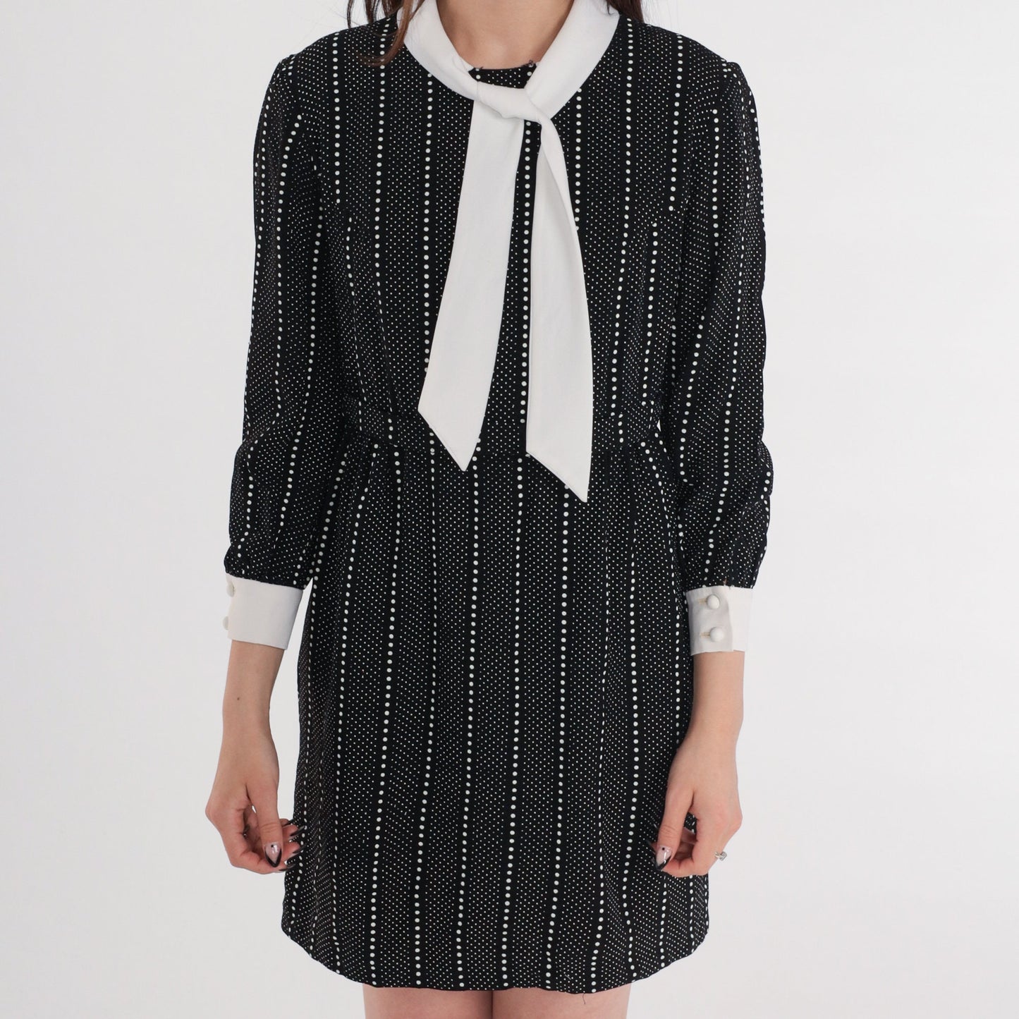60s Lanz Originals Mod Mini Dress Black White Dot Ascot Tie Small