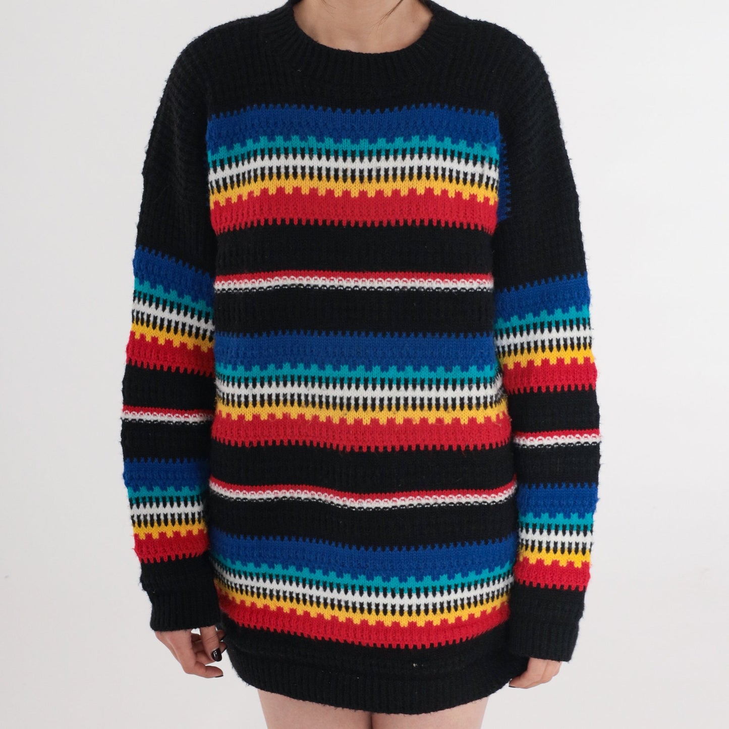 80s Cuddle Knit Striped Crewneck Sweater Black Multicolor Small S