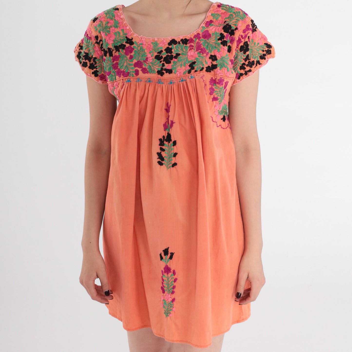 70s Oaxacan Floral Embroidered Mini Dress Orange Cotton Peasant Small