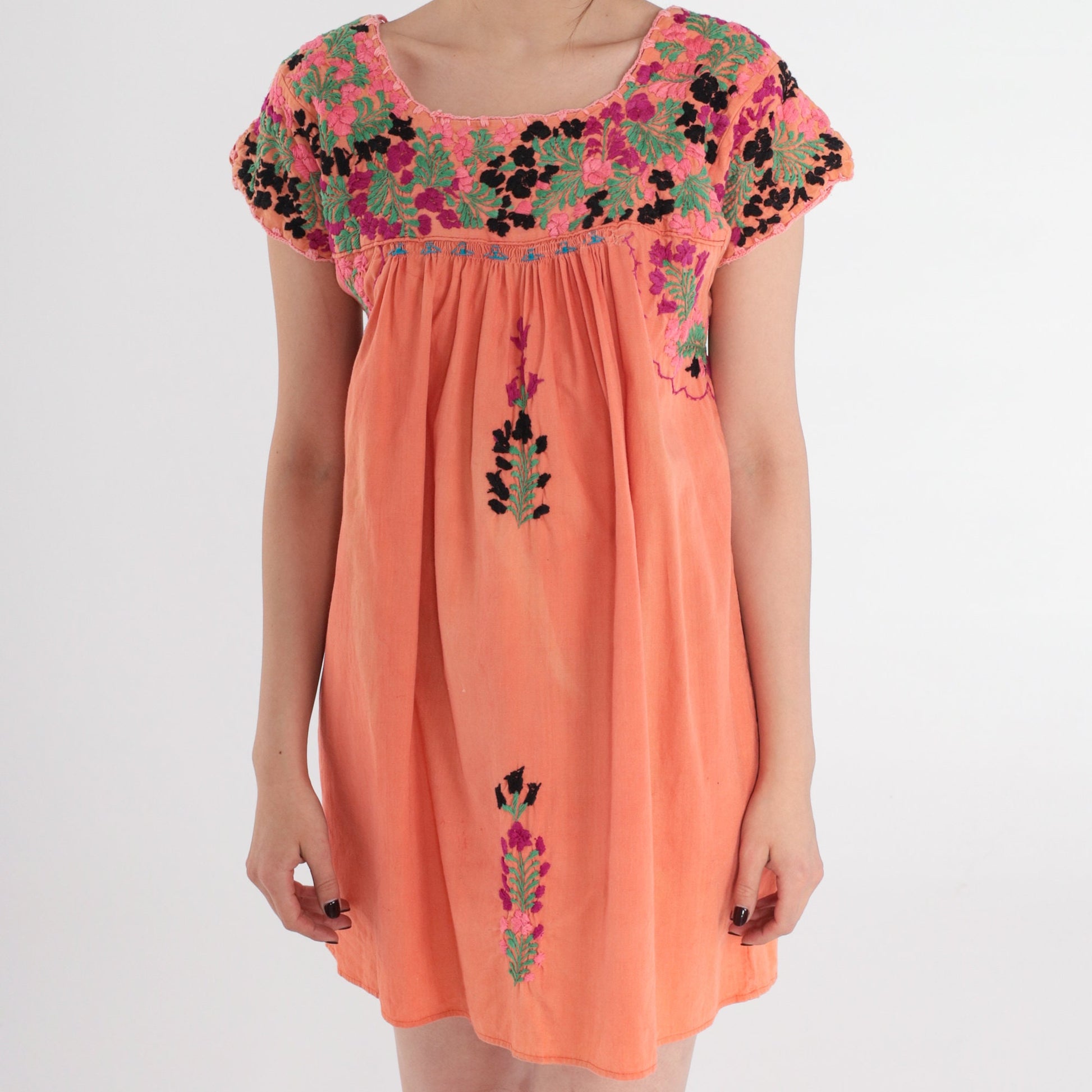 70s Oaxacan Floral Embroidered Mini Dress Orange Cotton Peasant Small