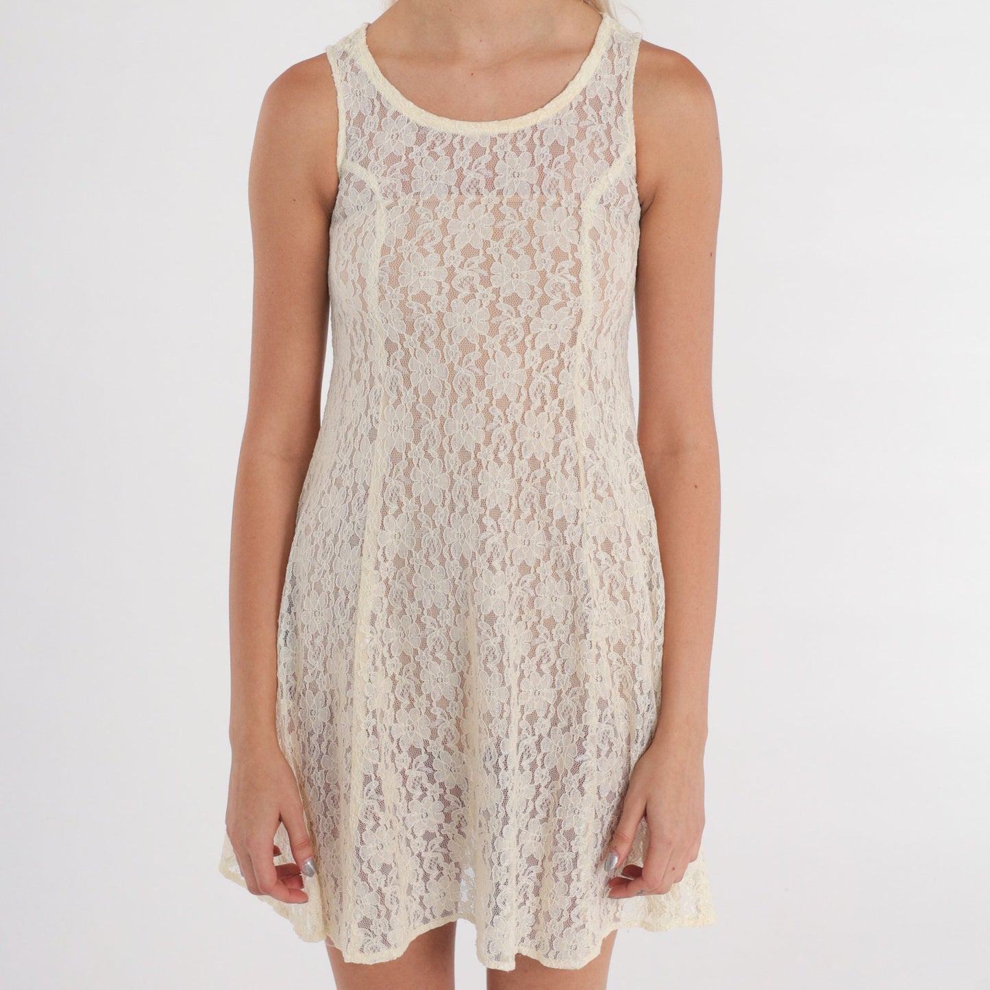 90s Cream Floral Lace Mini Dress Sleeveless Skater Cut XXS
