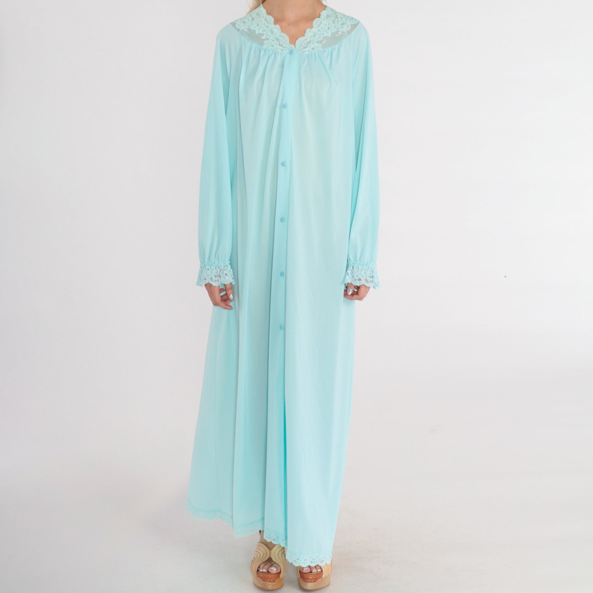 70s Blue Nylon Pajama Robe Maxi Lace Trim Button Front Bed Jacket Medium M