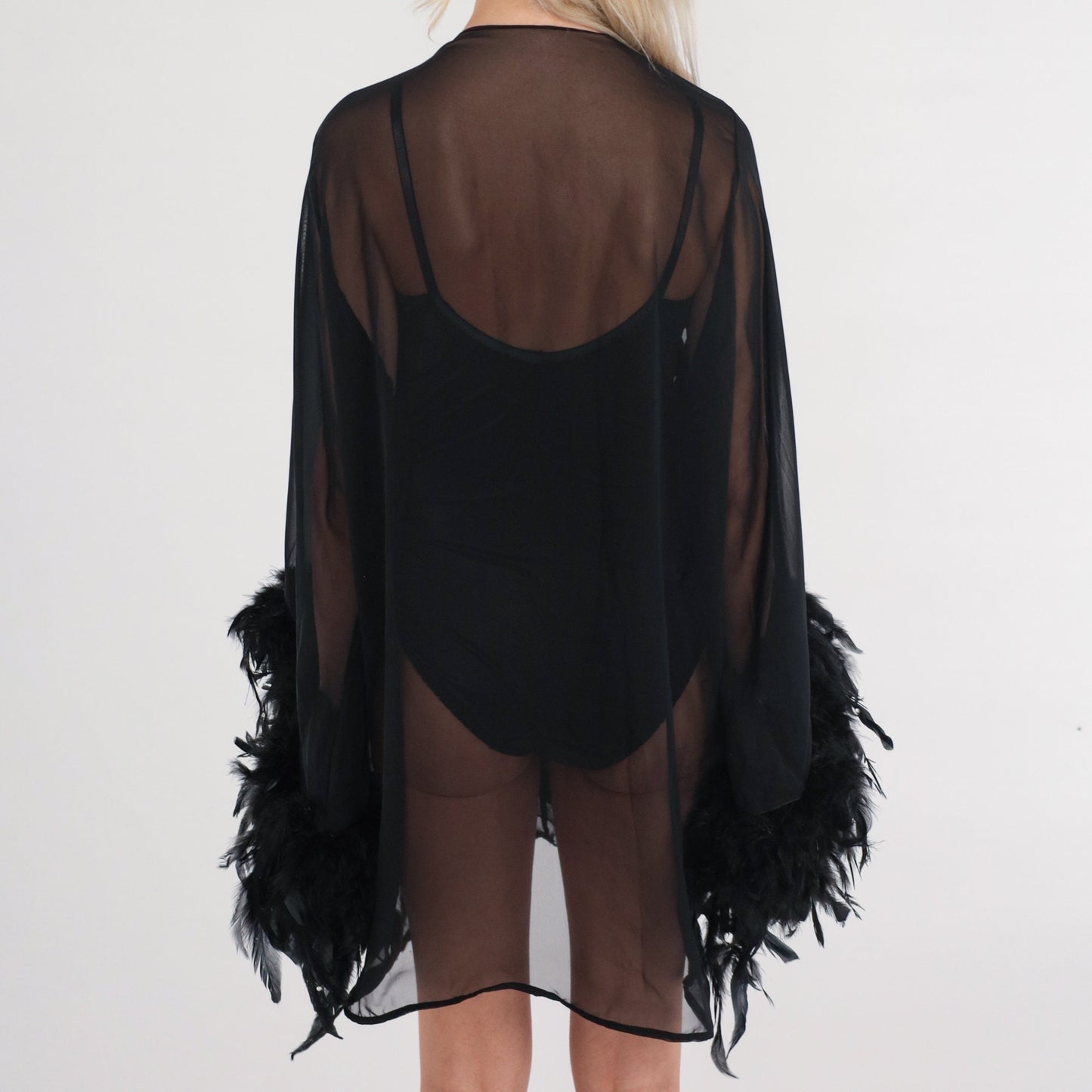 90s Fredricks of Hollywood Black Sheer Robe Velvet Burnout Leaf Feather Trim Medium Large