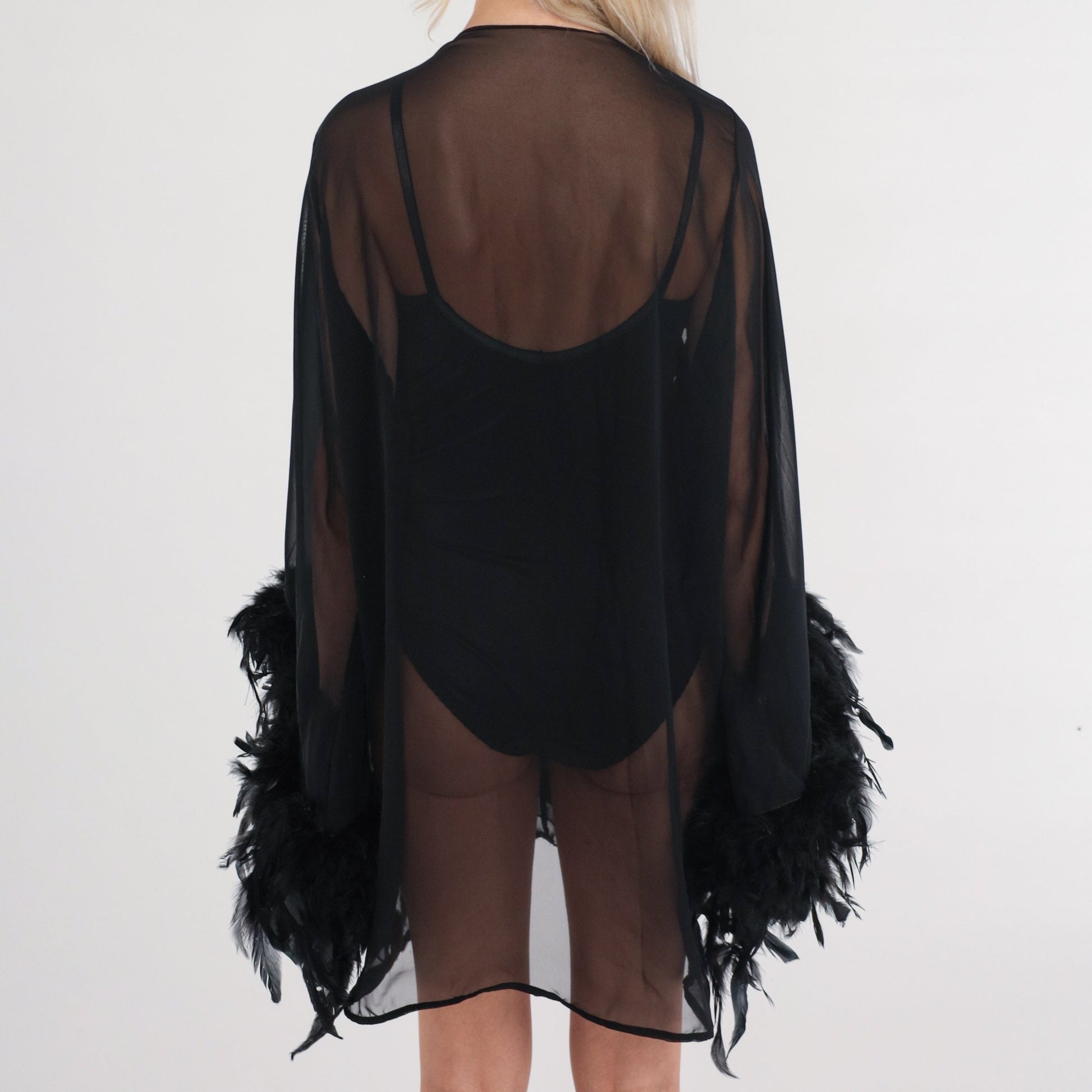 90s Fredricks of Hollywood Black Sheer Robe Velvet Burnout Leaf Feather Trim Medium Large