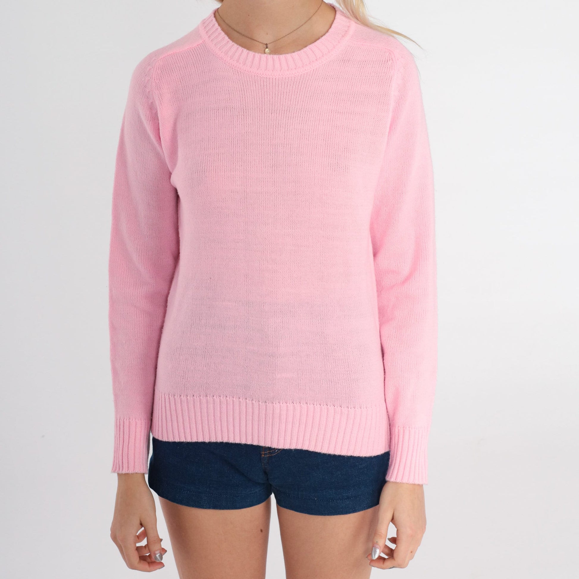 70s Baby Pink Knit Sweater Raglan Crewneck Pullover Small S
