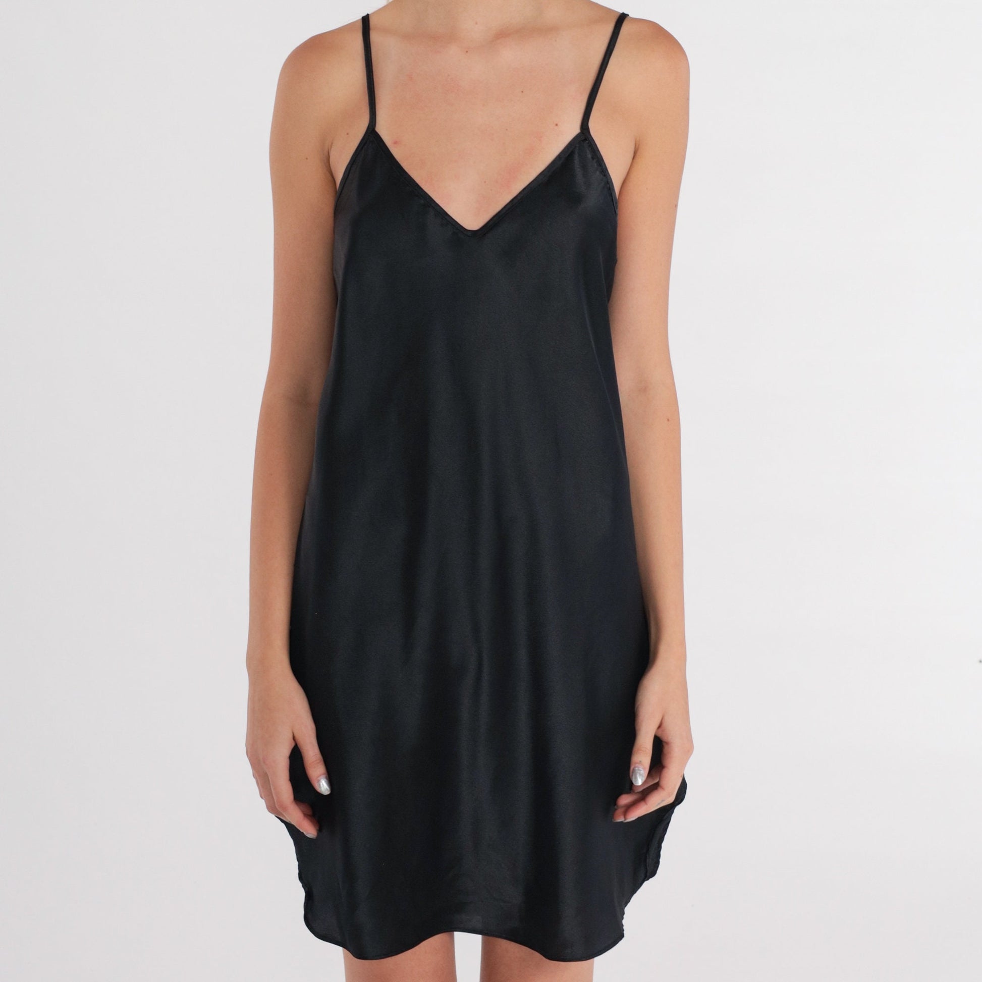 90s Black Satin Slip Dress V-Neck Spaghetti Strap Mini Medium