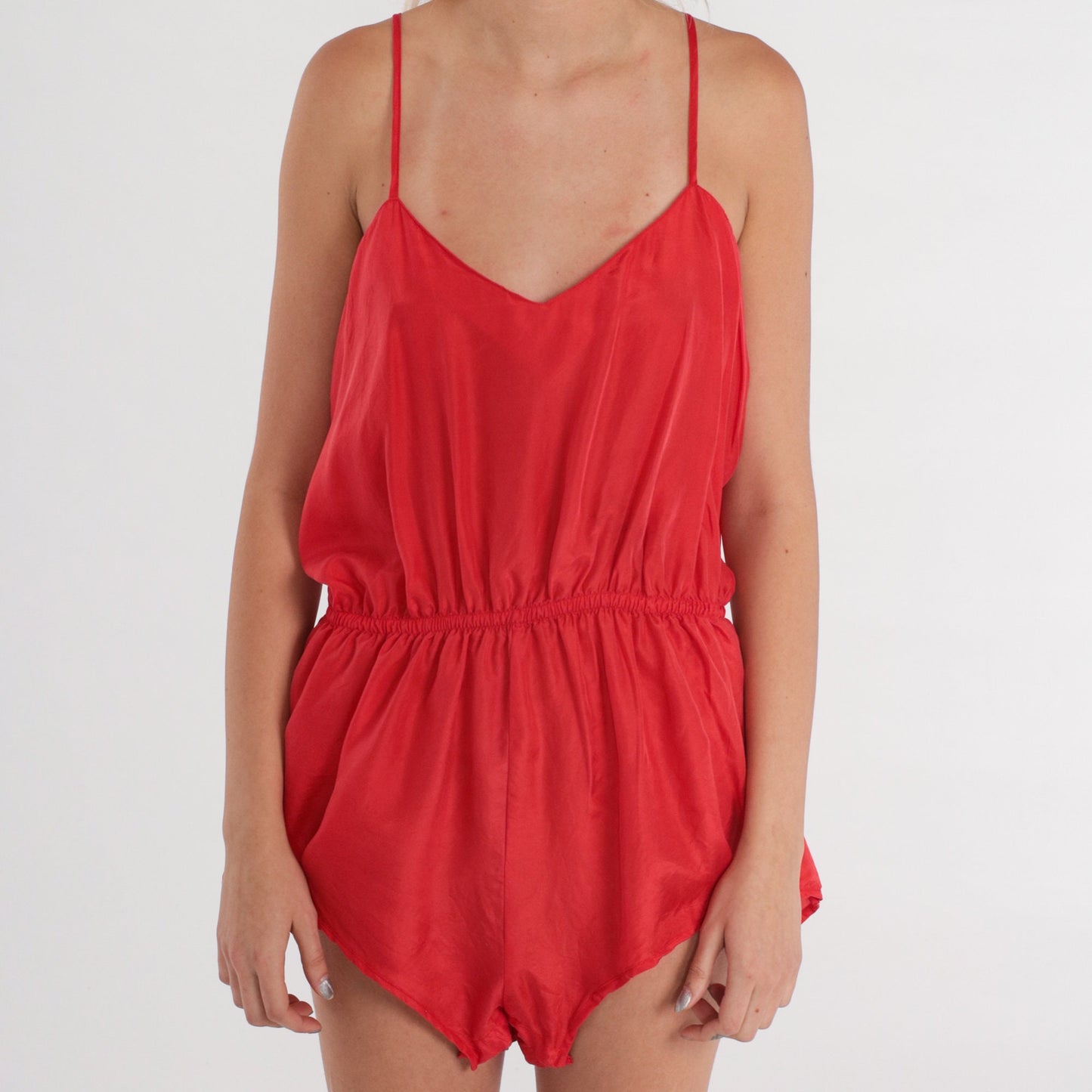 Y2K Red Silk Teddy Romper Spaghetti Strap Dolphin Shorts Medium M