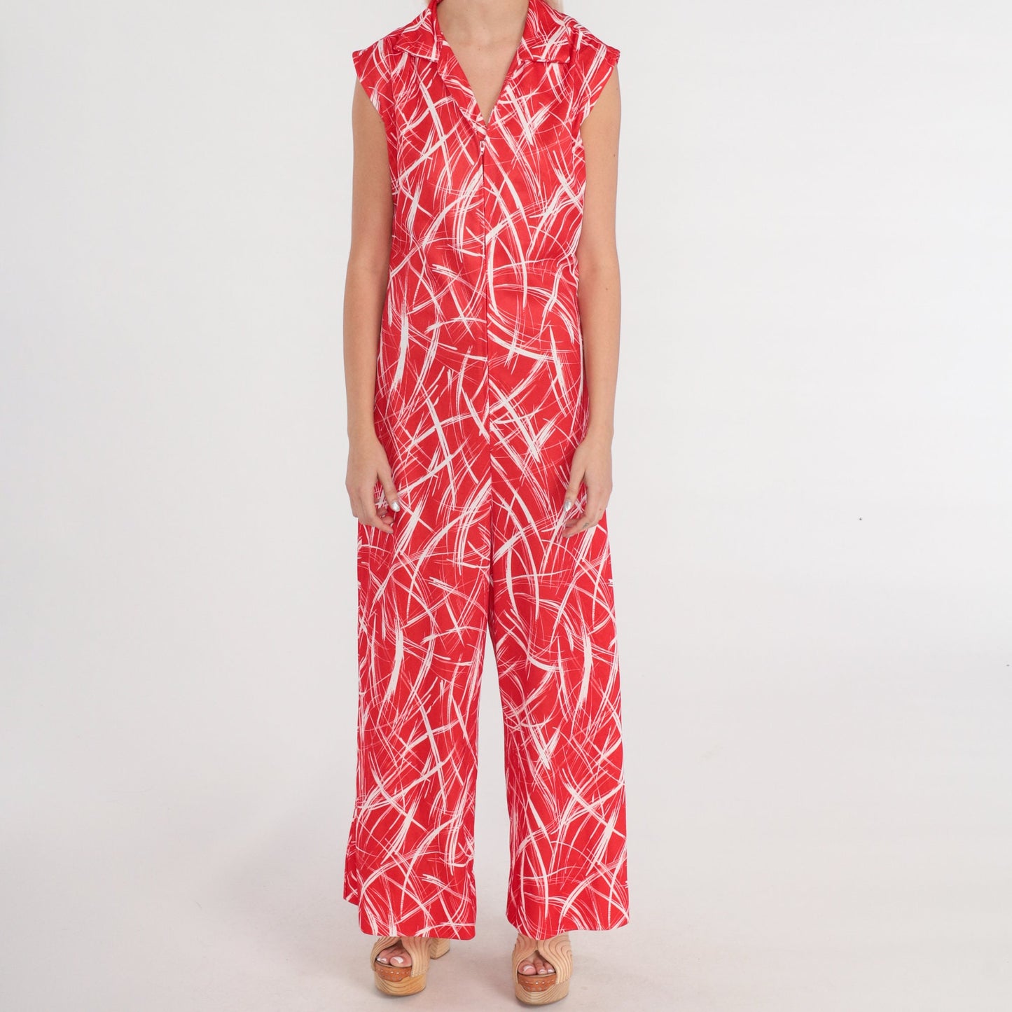 70s Red White Abstract Print Jumpsuit Wide Leg Sleeveless Zip Collar Medium