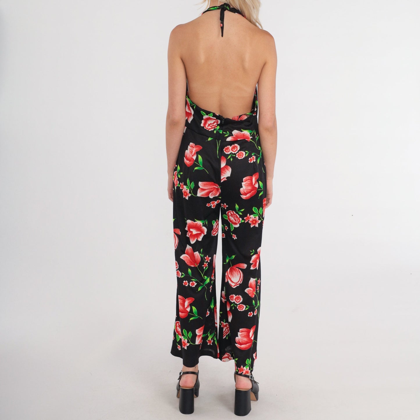 70s Black Floral Halter Jumpsuit Bell Bottom Wide Leg Medium M