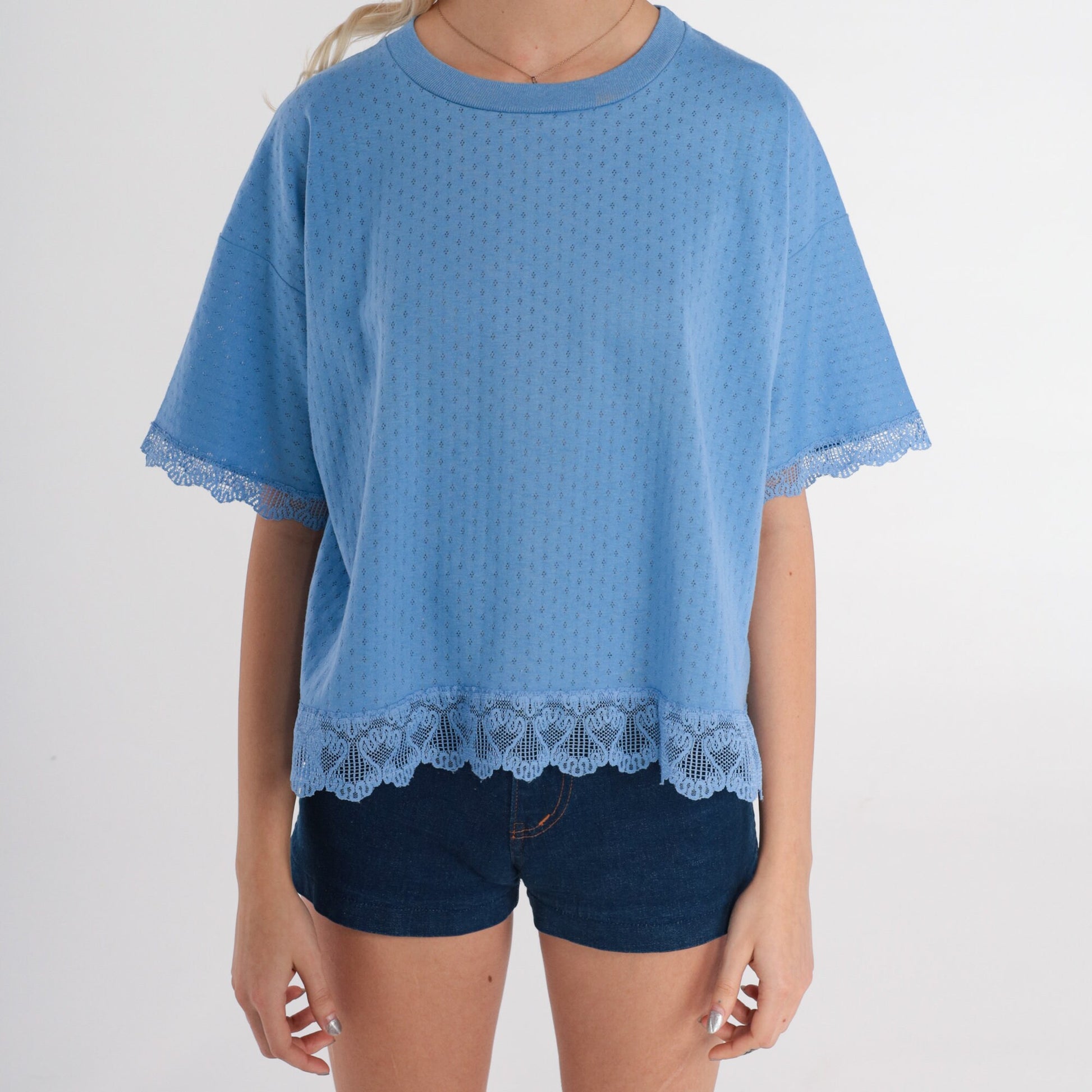 80s Blue Cutout Lace Trim T-Shirt Short Sleeve Cutwork Top Medium Large
