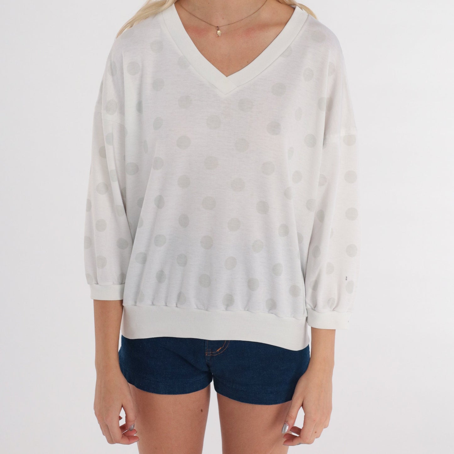 80s Polka Dot Blouse White V-Neck 3/4 Sleeve Top Medium