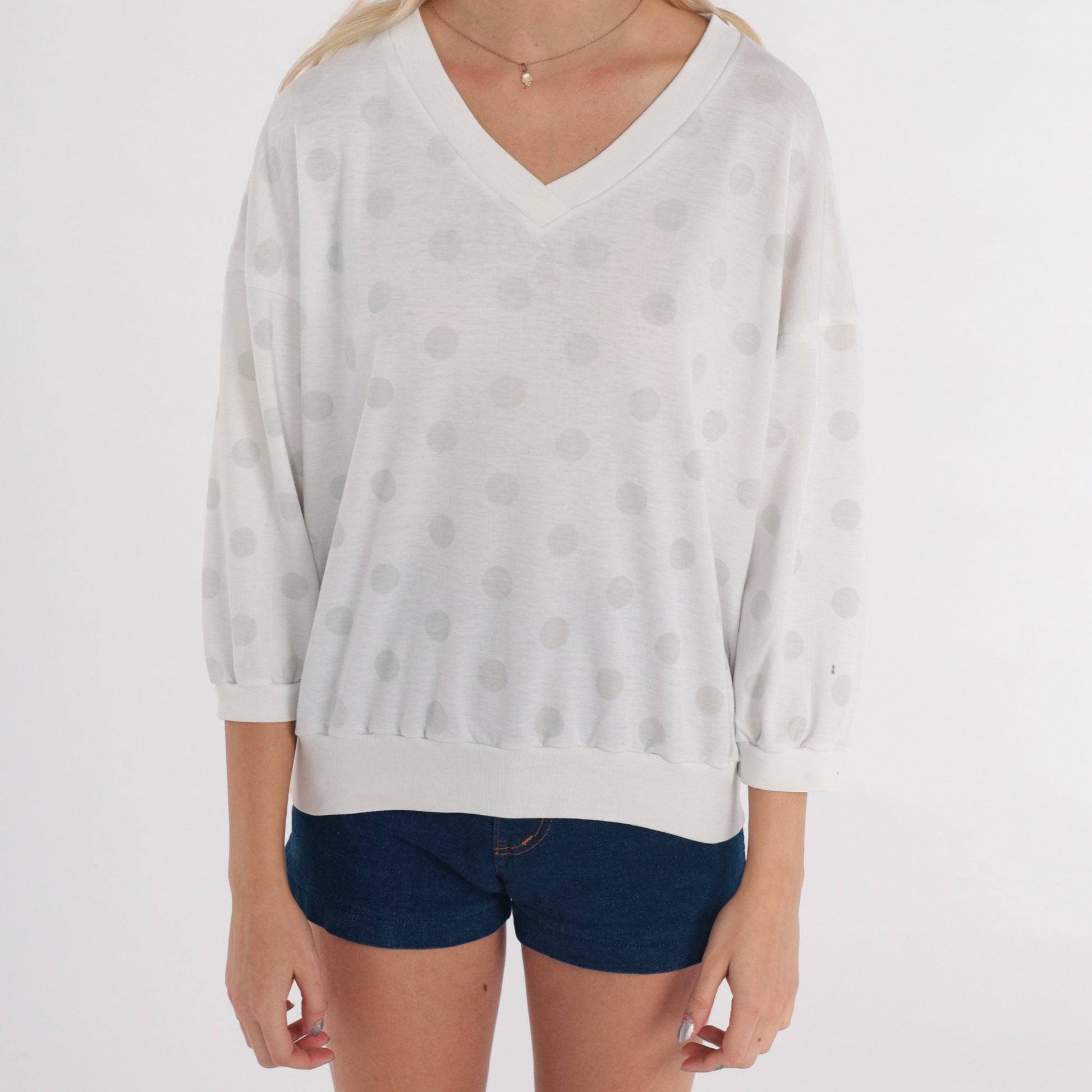 80s Polka Dot Blouse White V-Neck 3/4 Sleeve Top Medium