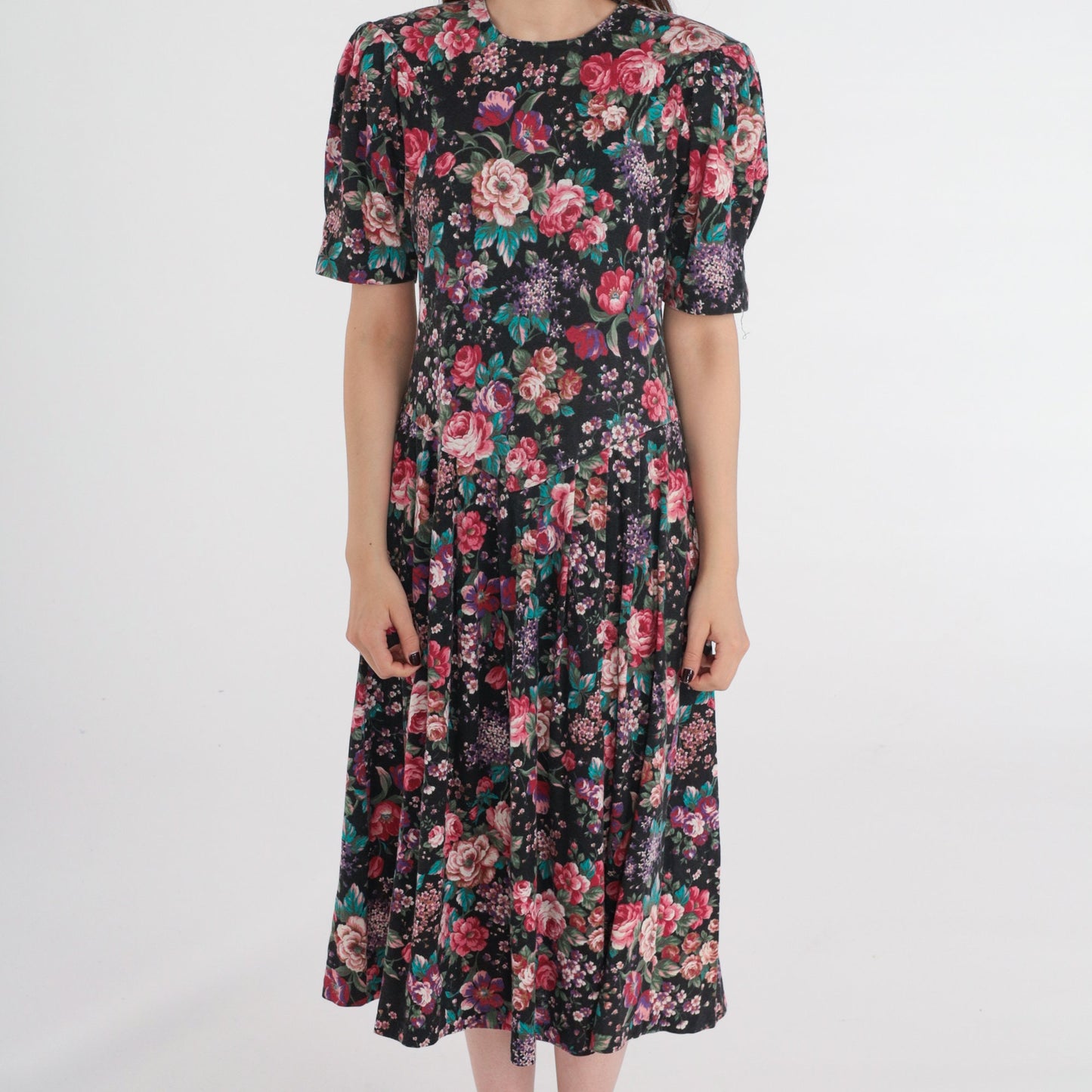 80s Forenza Floral Midi Dress Puff Sleeve Drop Waist Pink Extra Small