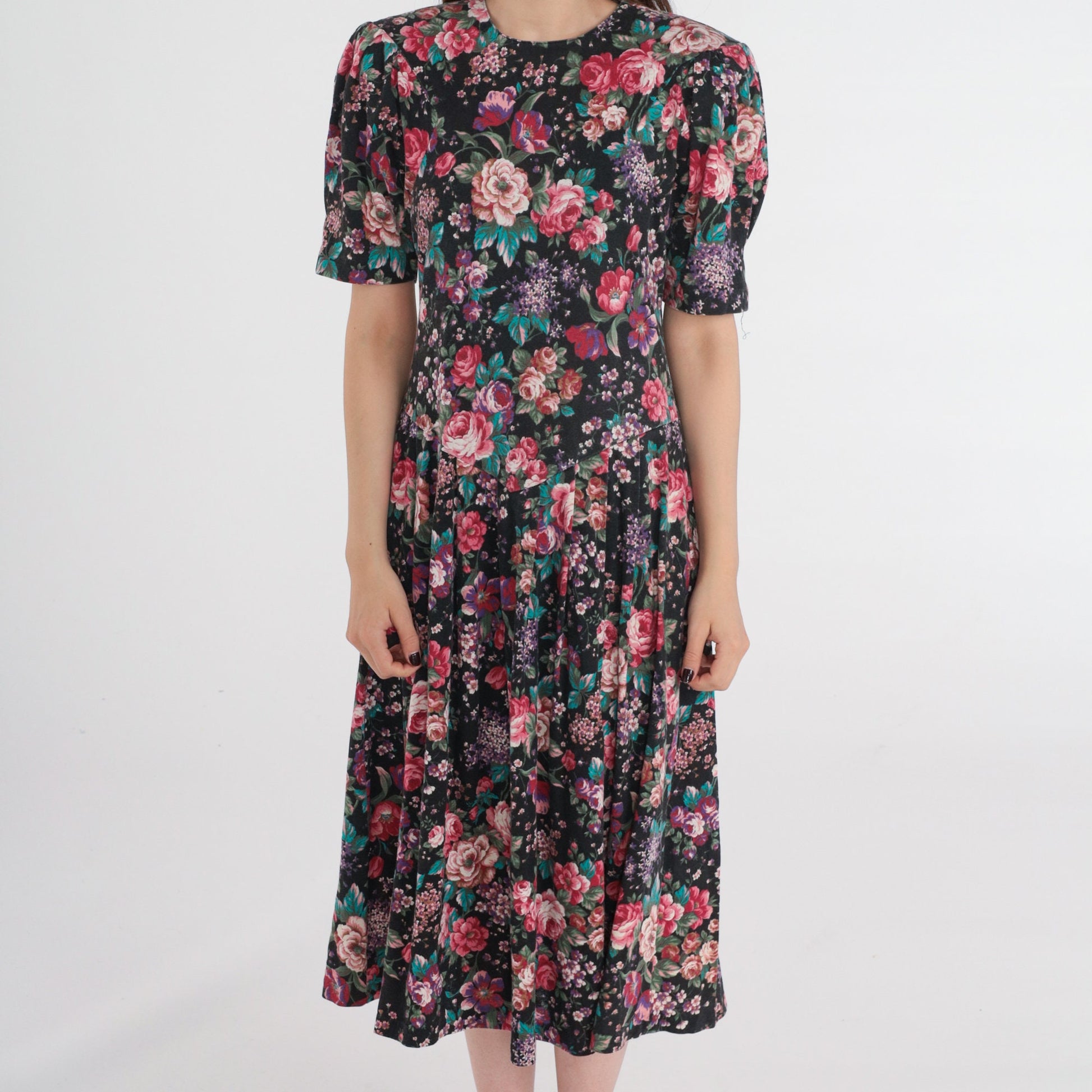 80s Forenza Floral Midi Dress Puff Sleeve Drop Waist Pink Extra Small