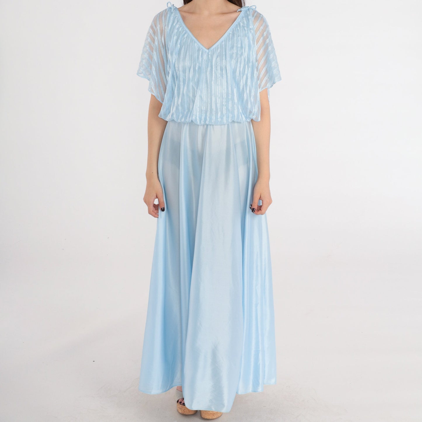 70s Baby Blue Maxi Dress Grecian High Waisted Flutter Sleeve Small