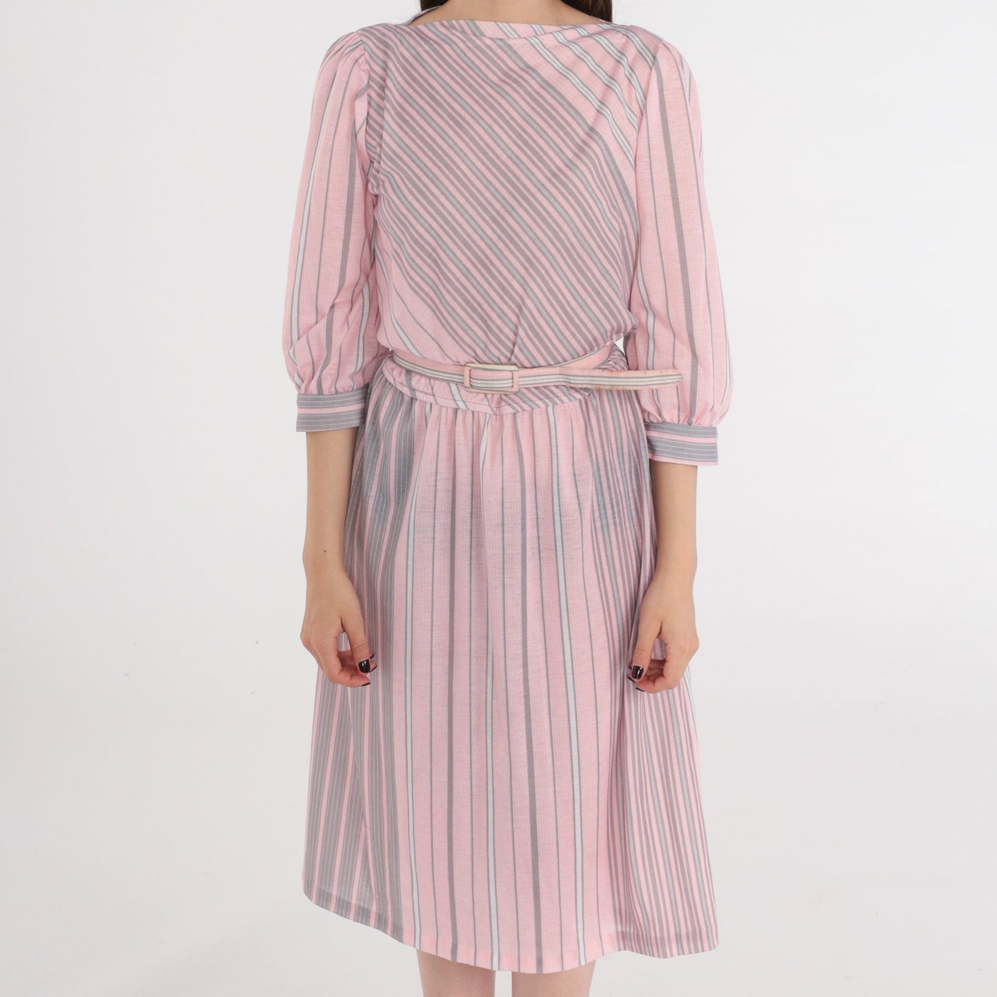80s Pink Grey Striped Midi Dress Puff Sleeve Boatneck Belted Medium 8