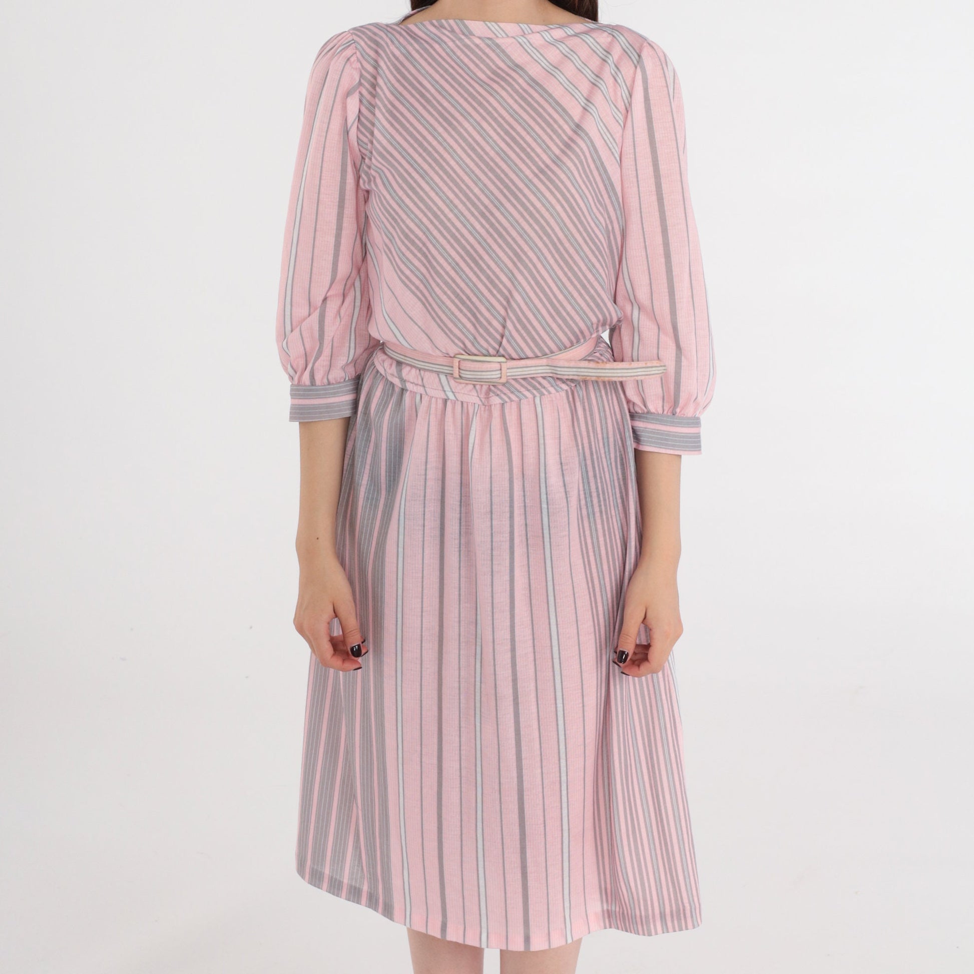 80s Pink Grey Striped Midi Dress Puff Sleeve Boatneck Belted Medium 8