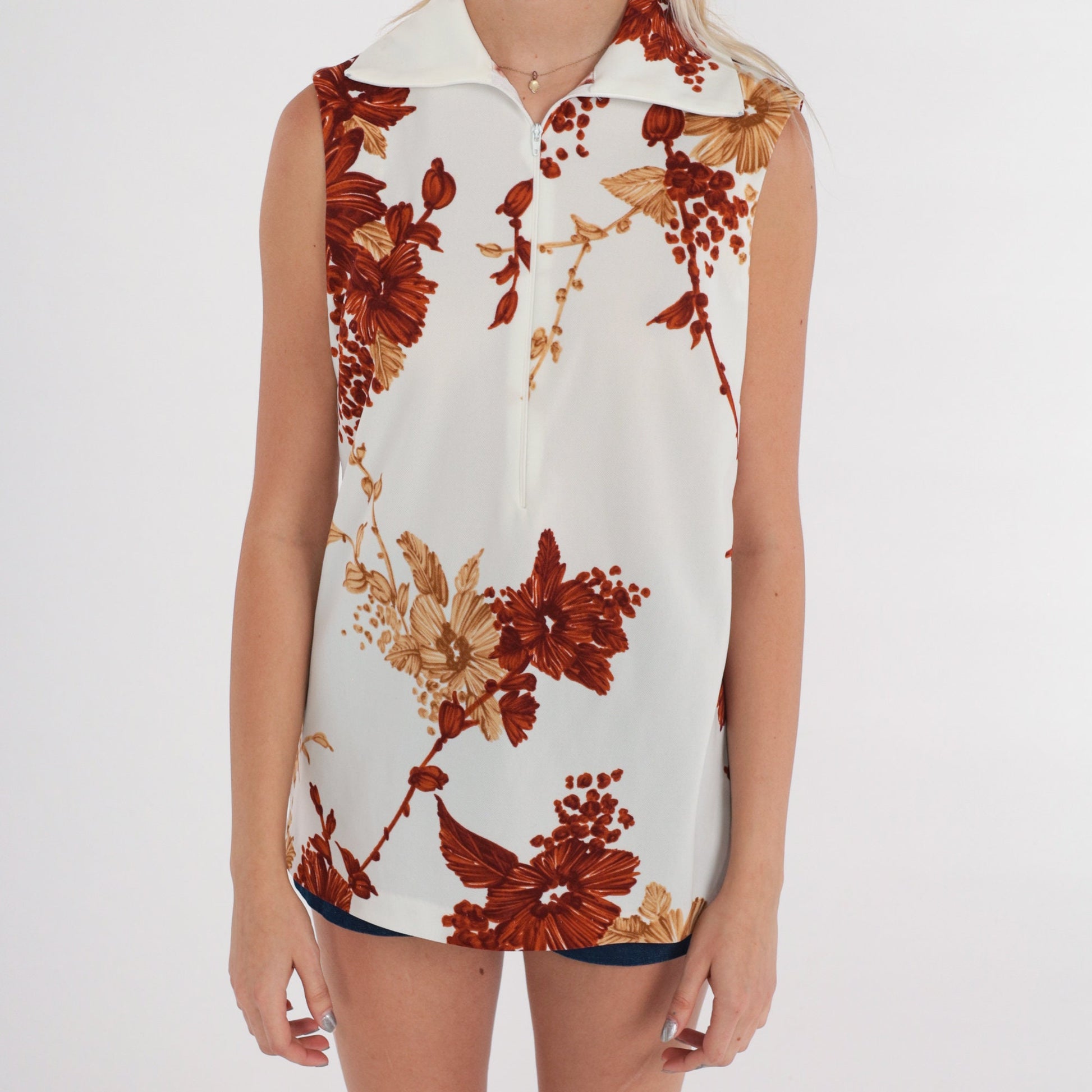 70s Floral Tank Top White Brown Front Zip Sleeveless Blouse Small