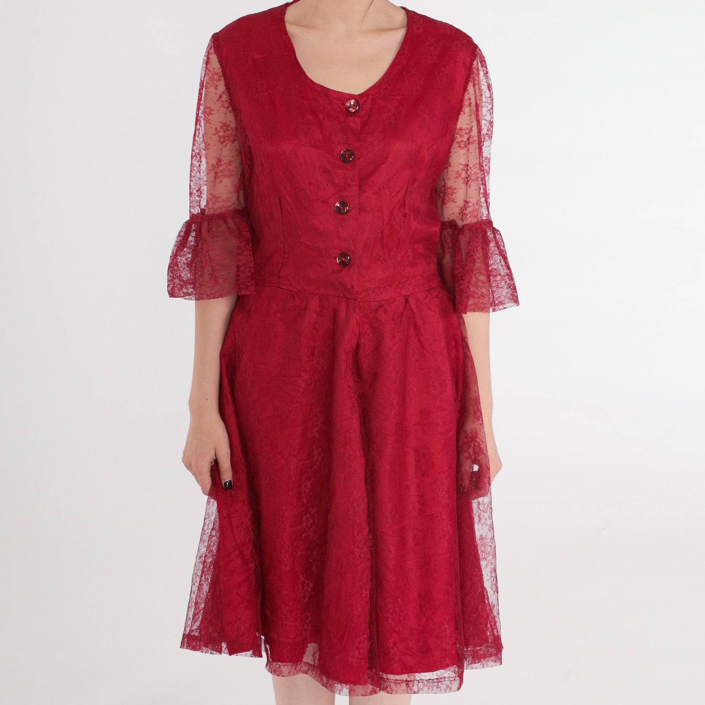 90s Red Lace Dress Button-Up Sheer Ruffle Sleeve Knee-Length Medium M