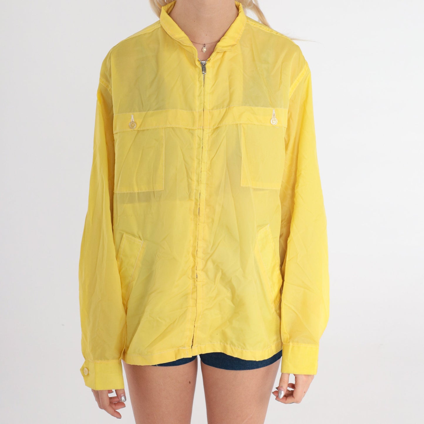 70s Yellow Nylon Windbreaker Jacket Semi-Sheer Shell Zip Front Medium