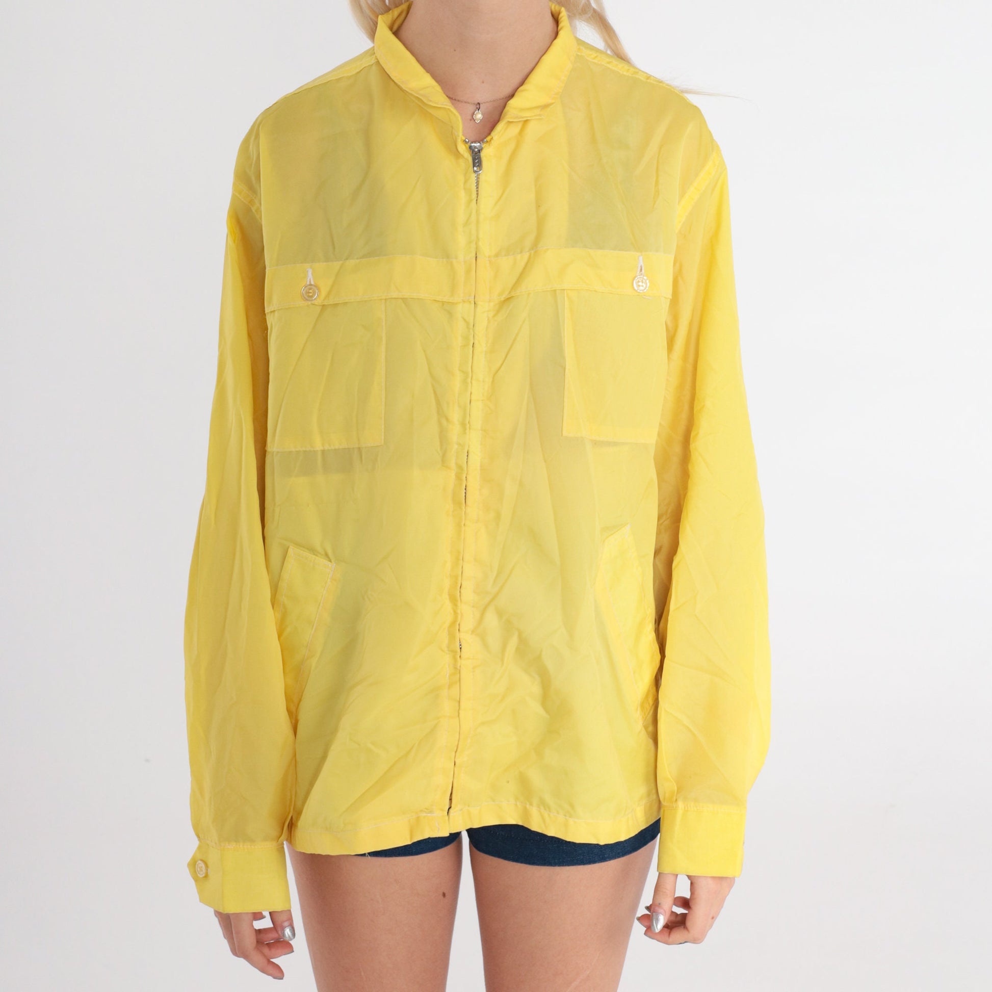 70s Yellow Nylon Windbreaker Jacket Semi-Sheer Shell Zip Front Medium