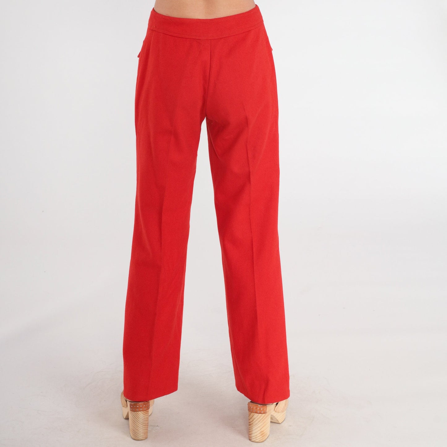 70s Red Wool Bell Bottom Trousers High Waist Button Fly Small