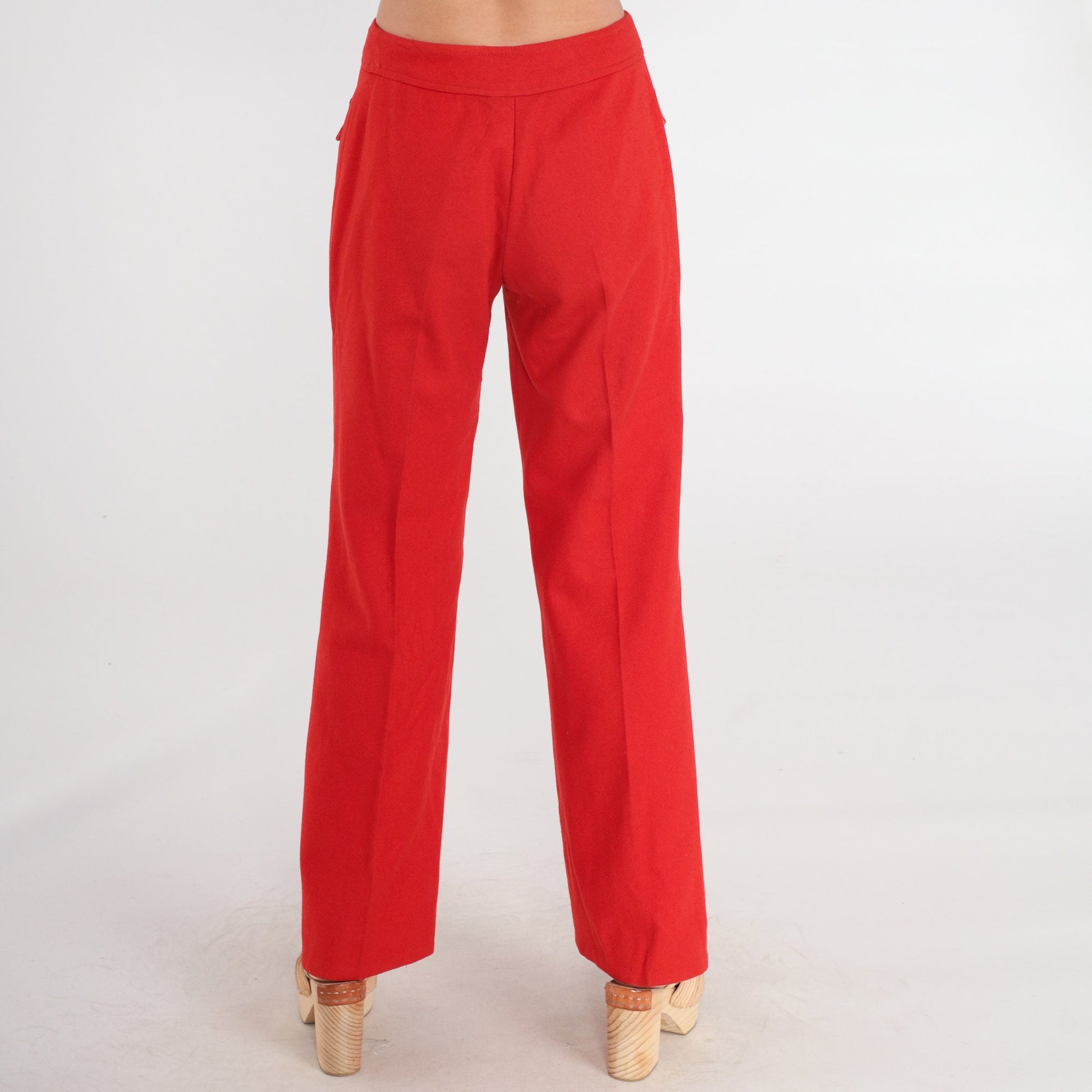 70s Red Wool Bell Bottom Trousers High Waist Button Fly Small