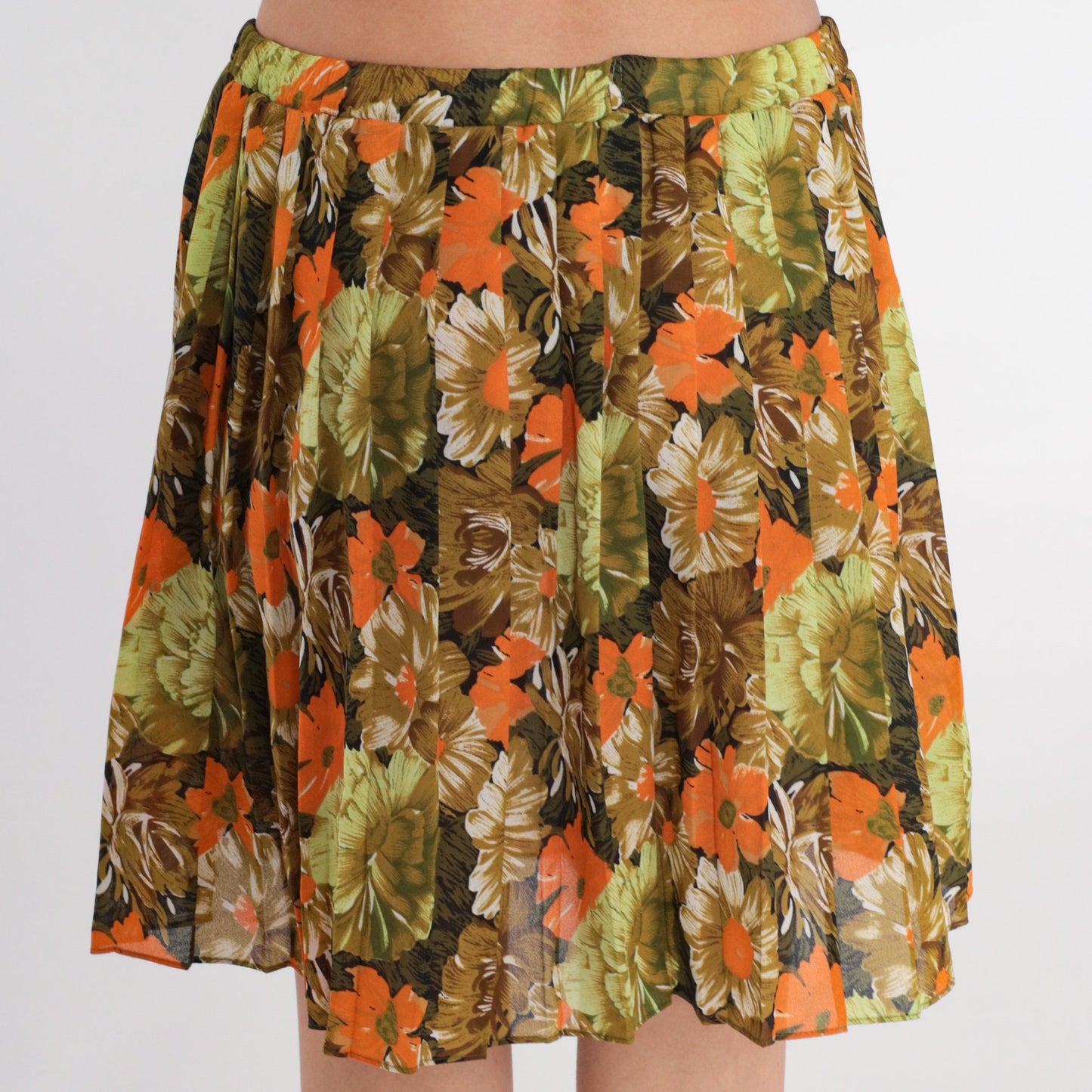 80s Floral Pleated Mini Skirt Olive Green Orange Flower Print Small Medium