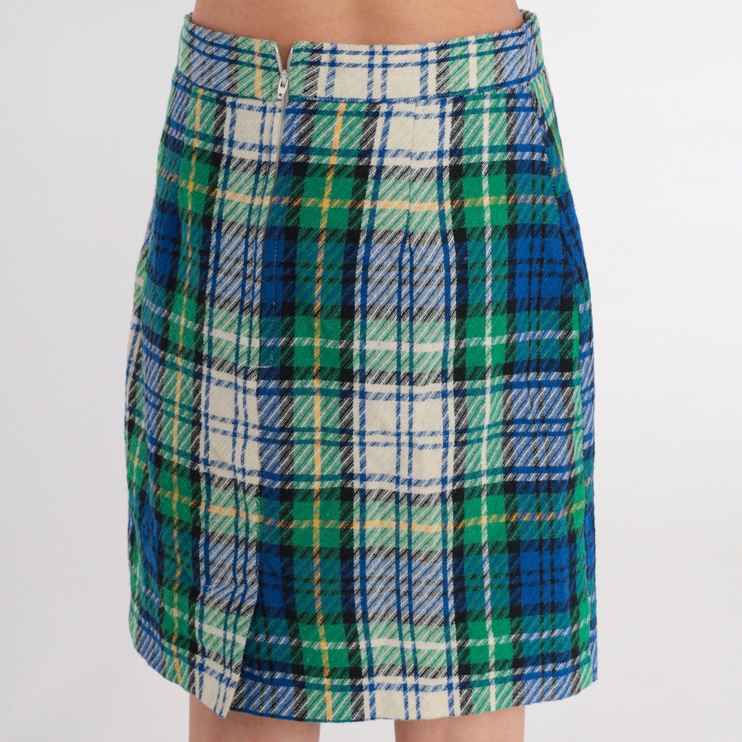 70s Plaid Wool Blend Mini Skirt High Waist Tartan White Blue Green Small