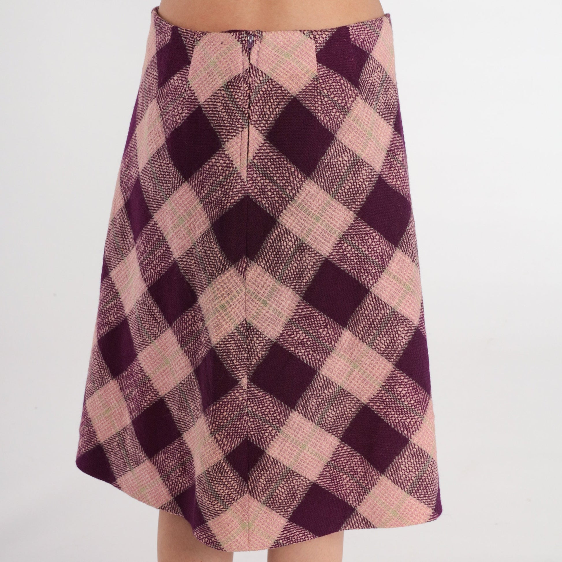 60s Pink Purple Checkered A-Line Skirt High Waist Knee Length Medium M