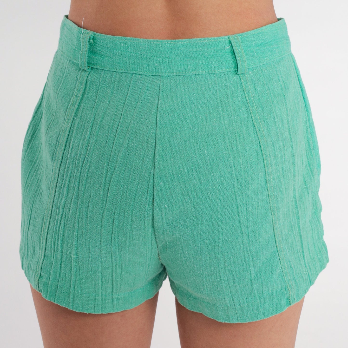 70s High Waisted Shorts Green Cotton Small S