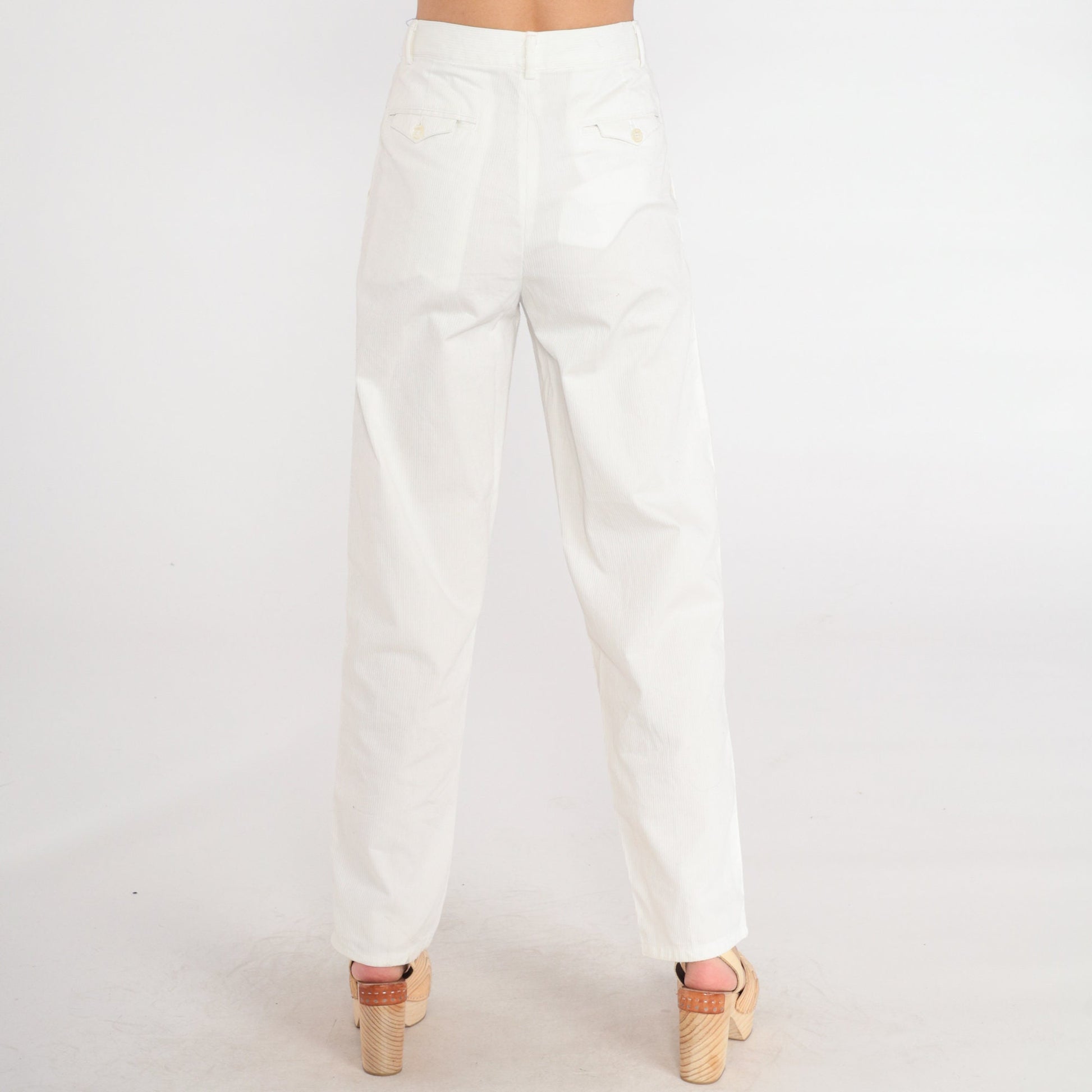 80s White Corduroy Pants High Waist Pleated Straight Leg Small
