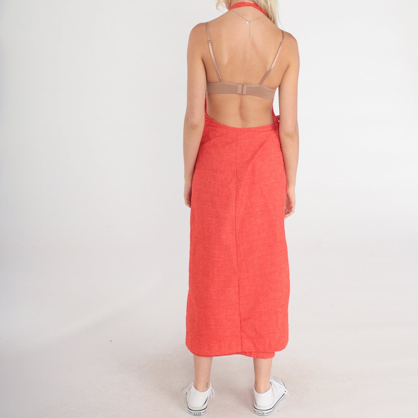 70s Orange Maxi Wrap Jumper Dress Open Back Tie Belt Small Medium
