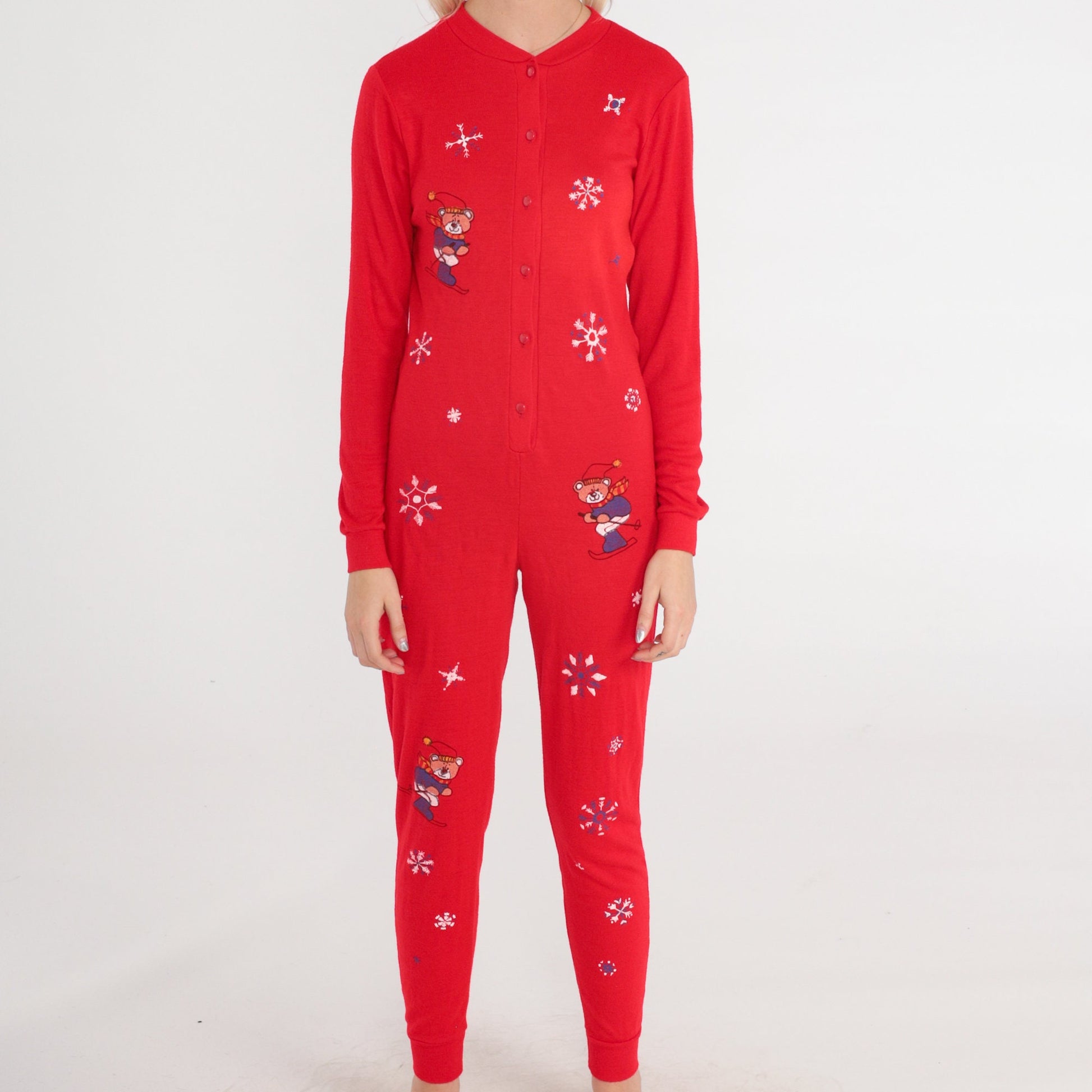 80s Red Pajama Jumpsuit Skiing Bears Snowflake Print Button-Up Extra Small