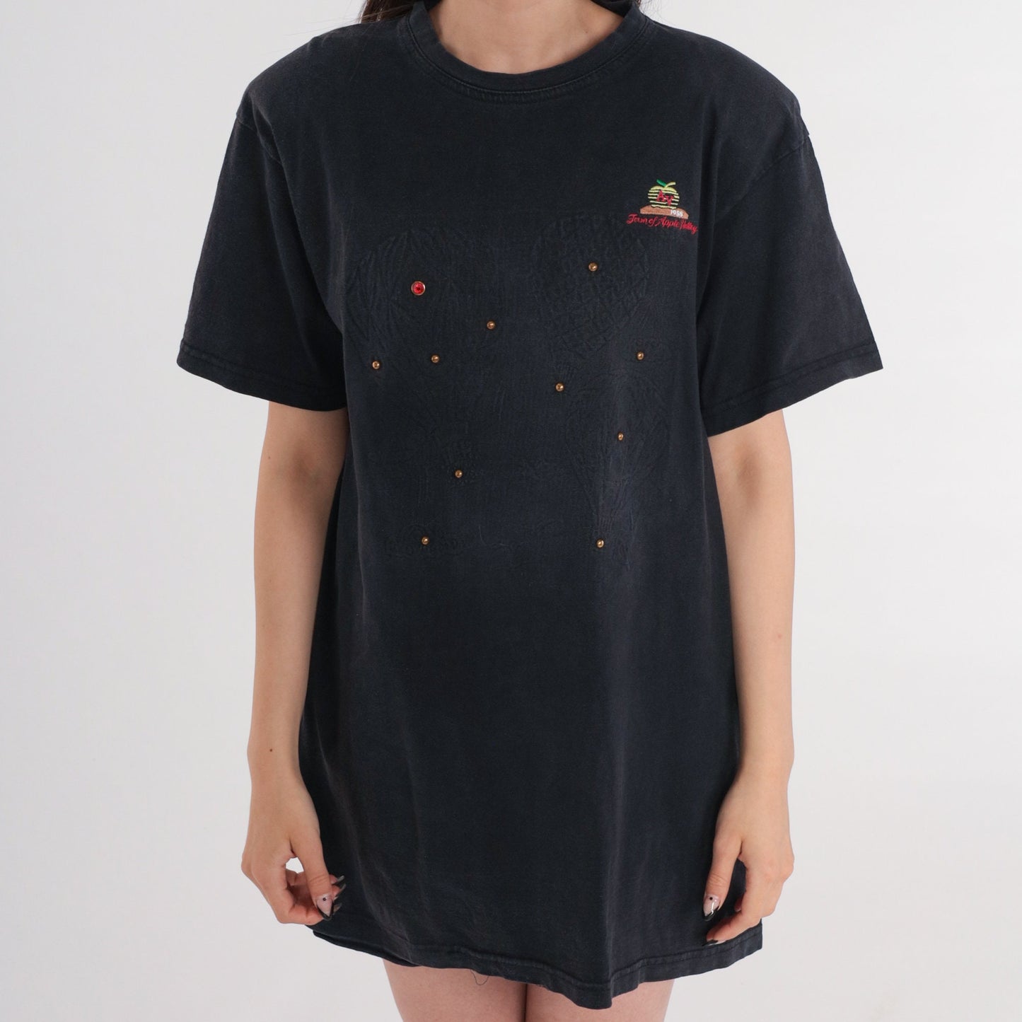 90s Apple Valley California Graphic Tee Black Studded Rhinestone Hot Air Balloon Extra Large