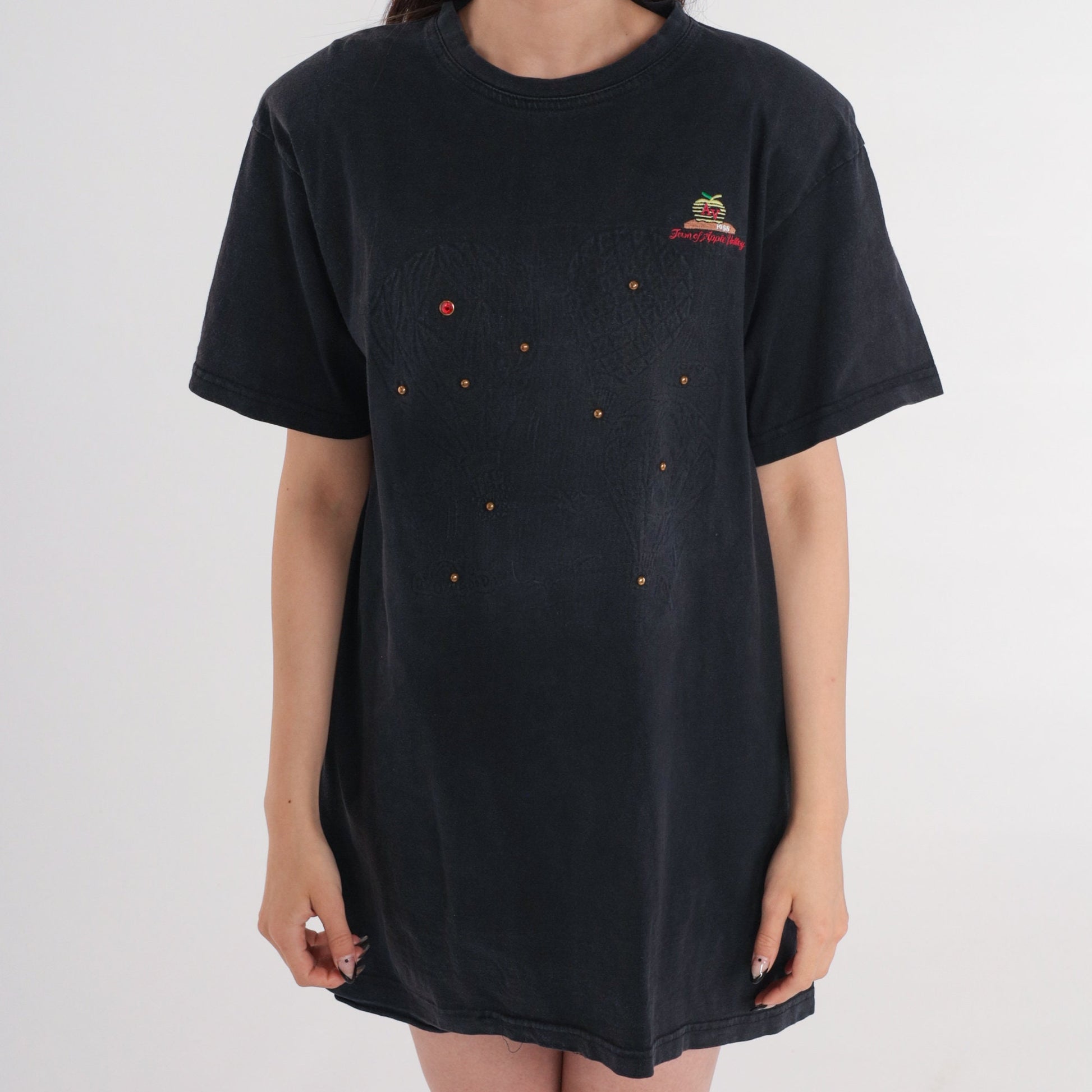 90s Apple Valley California Graphic Tee Black Studded Rhinestone Hot Air Balloon Extra Large